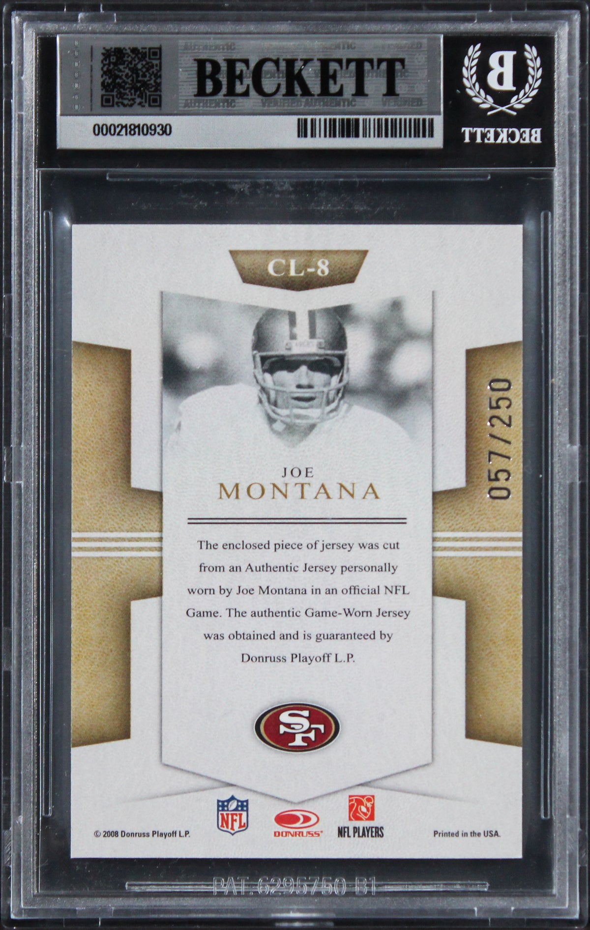 49ers Joe Montana Signed 2008 Donruss Threads #8 57/250 Card Auto 10! BAS Slab