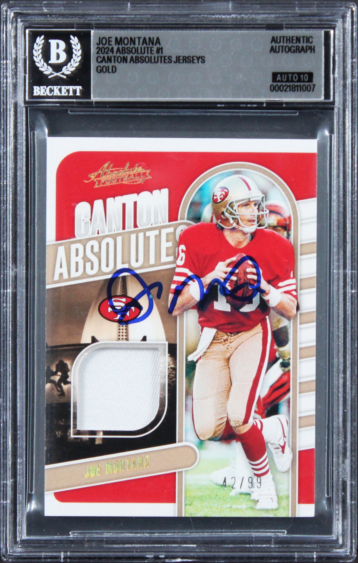 49ers Joe Montana Signed 2024 Absolute Gold #1 42/99 Card Auto 10! BAS Slabbed