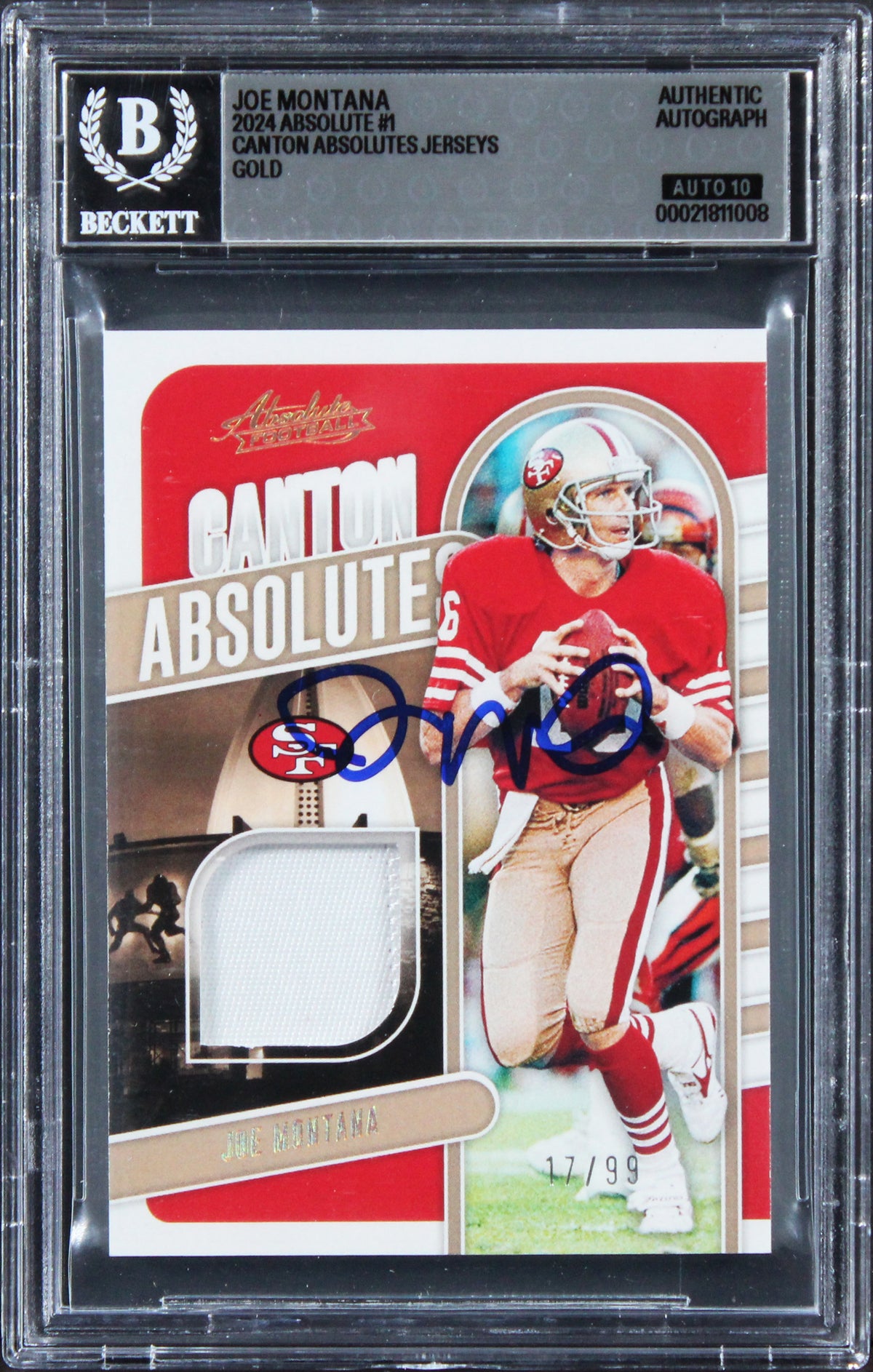 49ers Joe Montana Signed 2024 Absolute Gold #1 17/99 Card Auto 10! BAS Slabbed