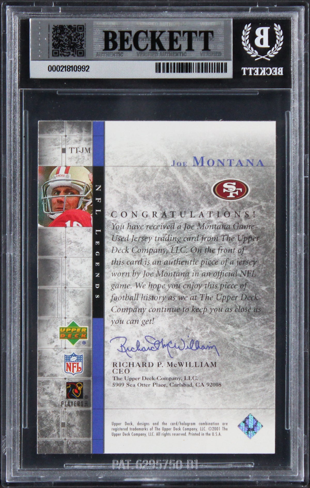 49ers Joe Montana Signed 2001 Upper Deck Jersey #TTJM Card Auto 10! BAS Slabbed