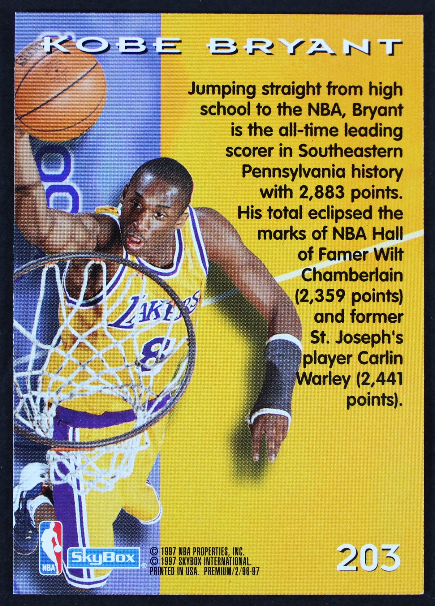 Lakers Kobe Bryant Authentic Signed 1996 Skybox Premium #203 Rookie Card JSA #ZZ00177
