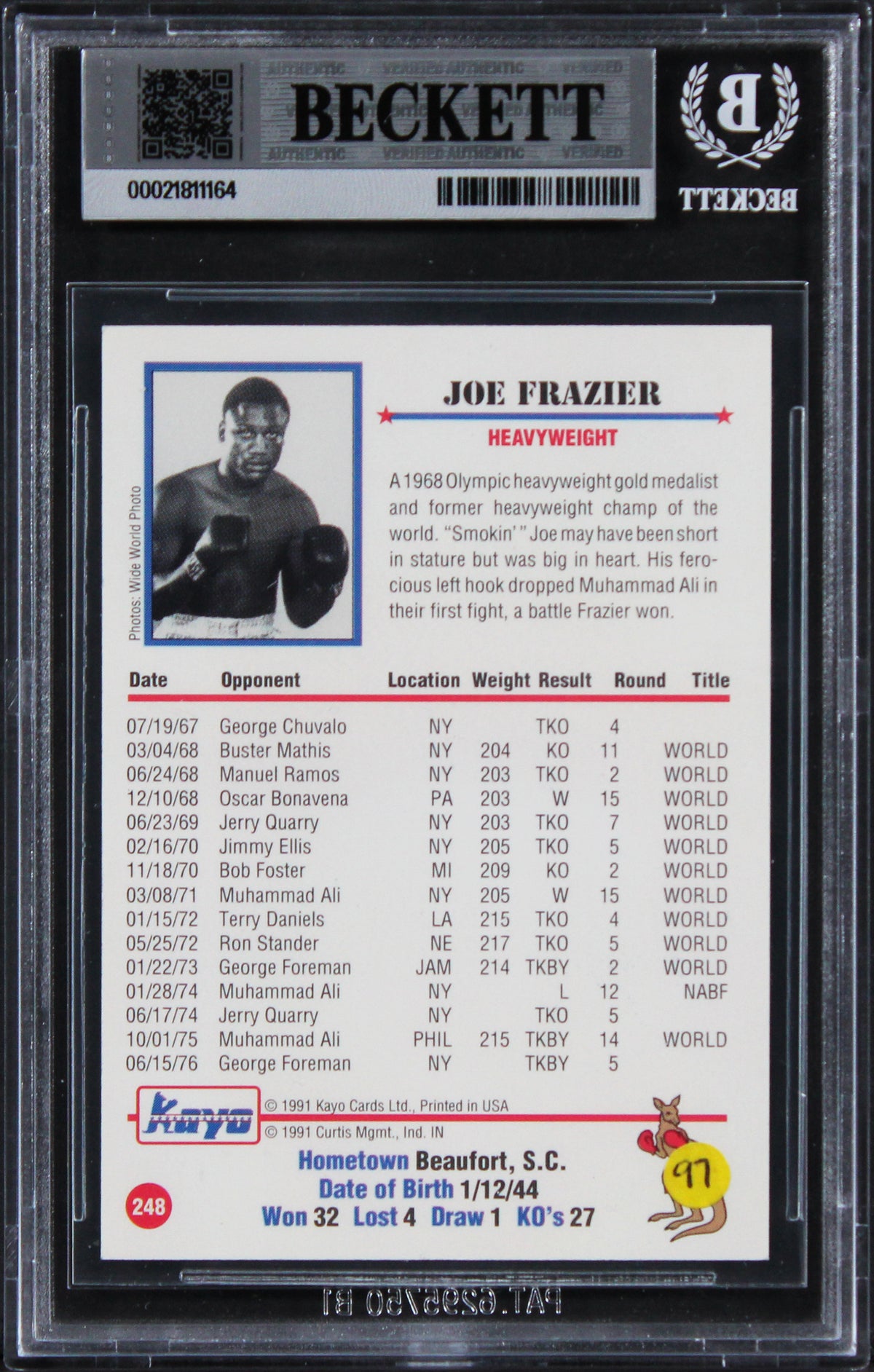 Joe Frazier Authentic Signed 1991 Kayo #248 Card Autographed BAS Slabbed