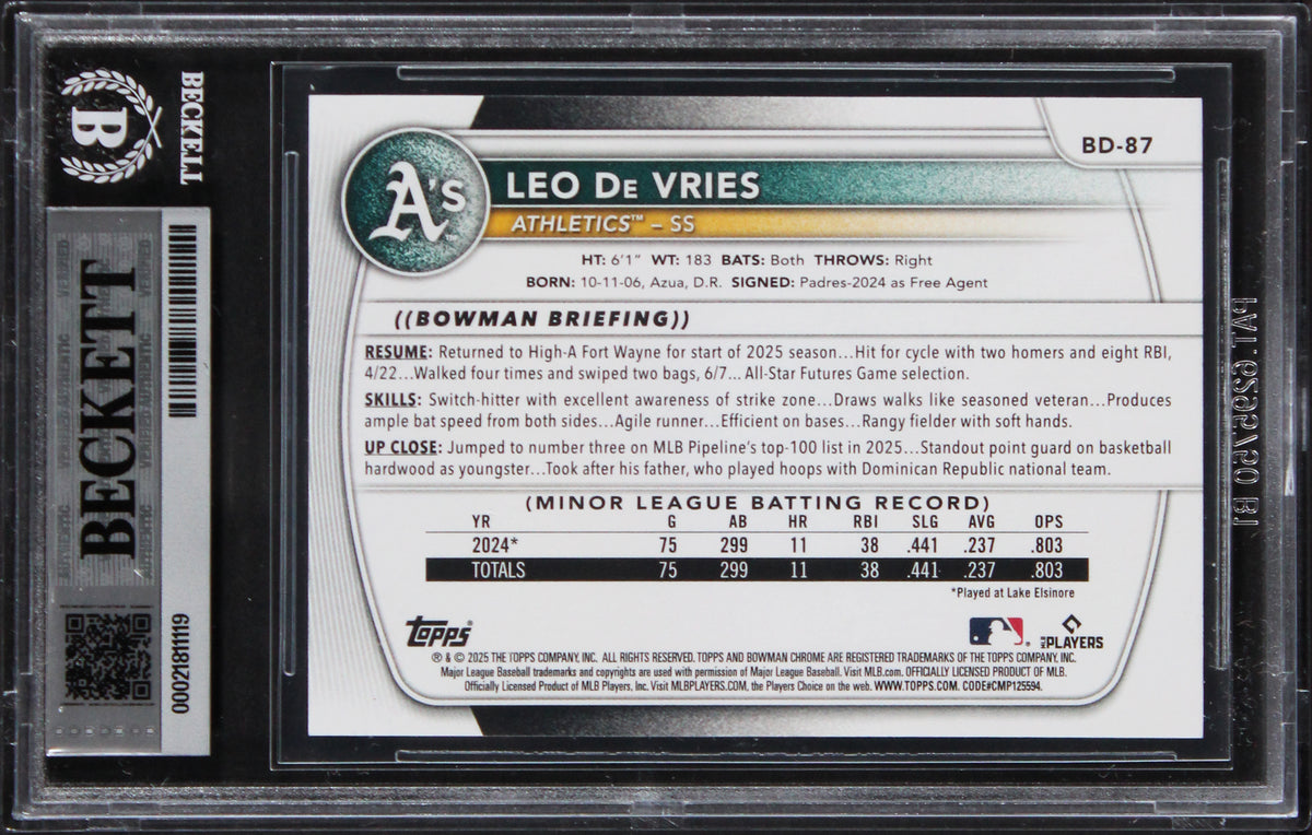 Athletics Leo De Vries Authentic Signed 2025 Bowman Draft #BD87 Card BAS Slabbed