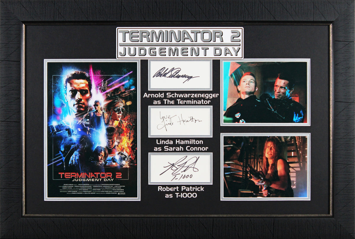 Terminator 2 (3) Schwarzenegger, Hamilton & Patrick Signed Framed Display BAS 1