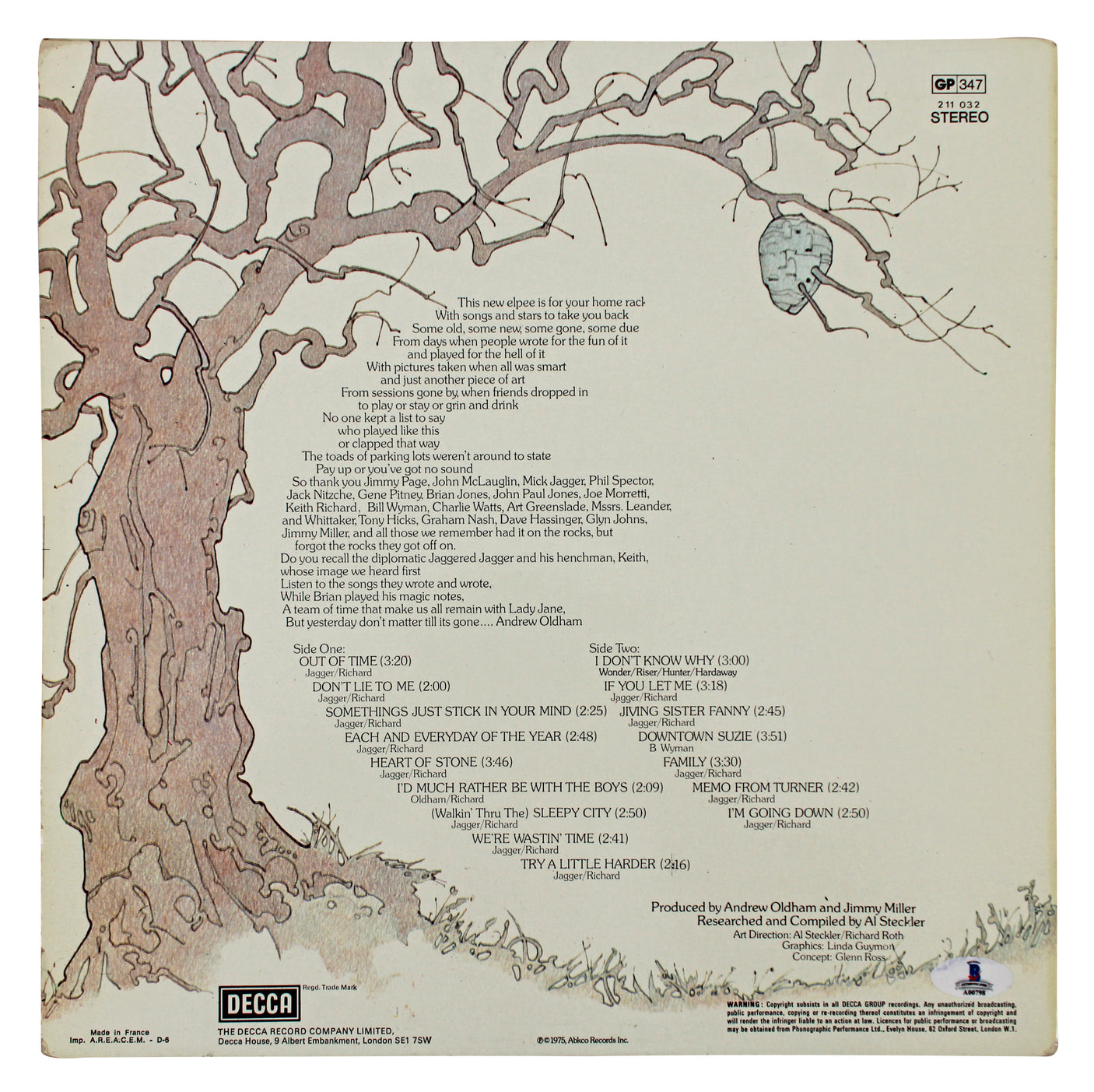 Keith Richards The Rolling Stones Signed Metamorphosis Album Cover BAS #A00798