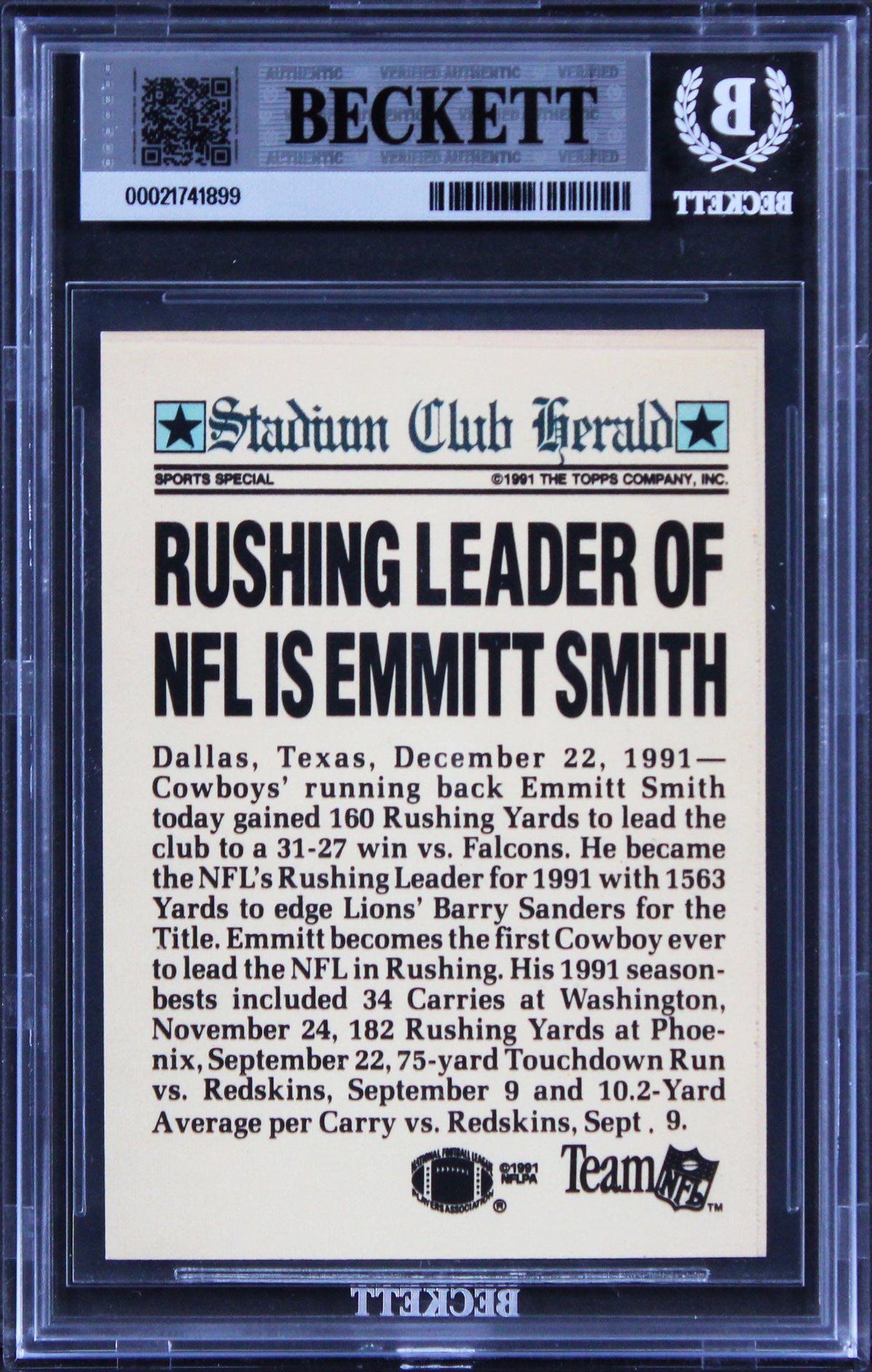 Emmitt Smith Signed 1991 Stadium Club Members Only #36 Card Auto 10! BAS Slabbed