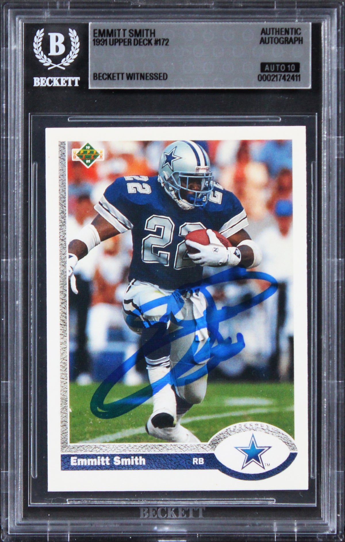 Cowboys Emmitt Smith Signed 1991 Upper Deck #172 Rookie Card Auto 10! BAS Slab