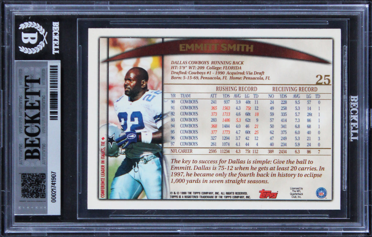 Cowboys Emmitt Smith Signed 1998 Topps #25 Card Auto Grade GM 10! BAS Slabbed