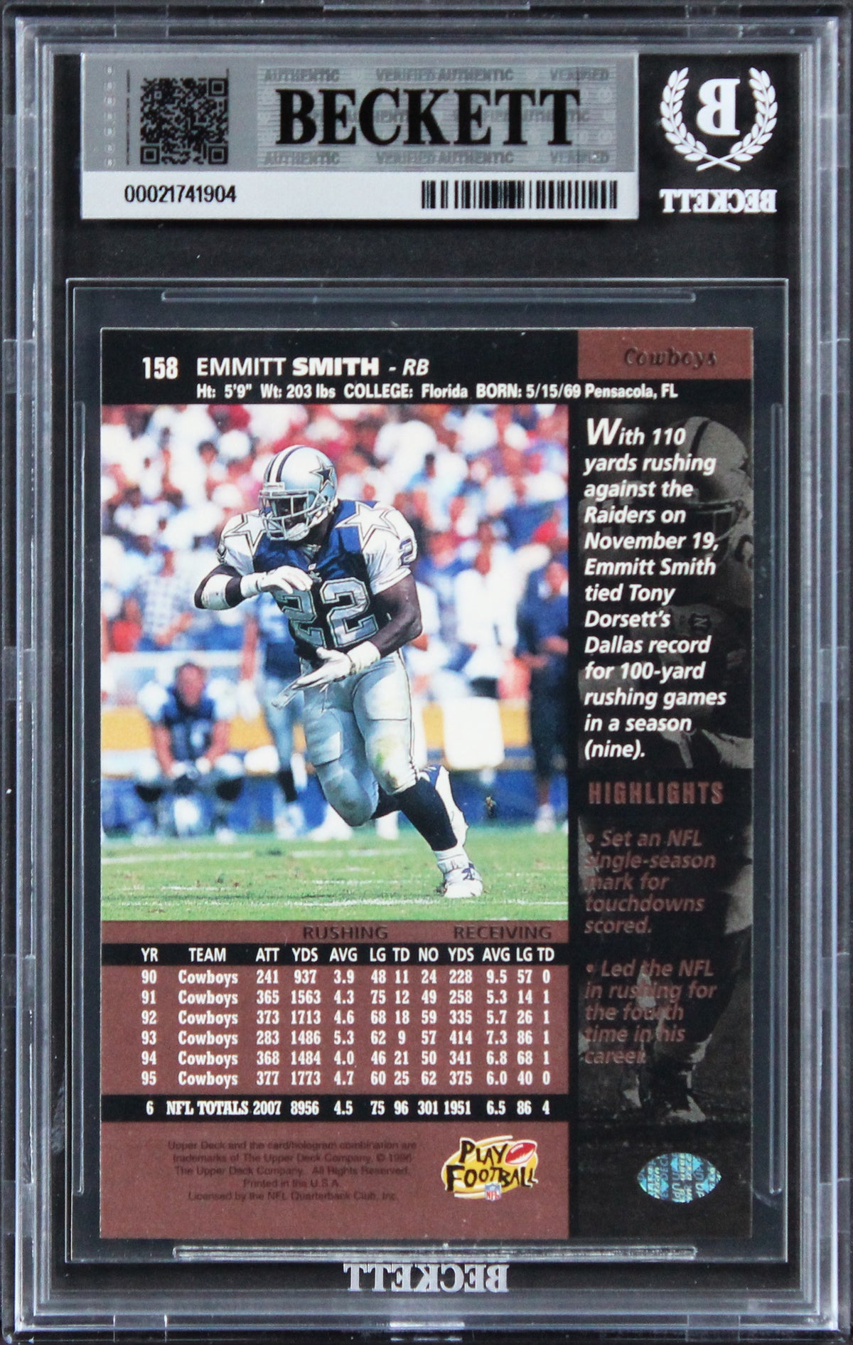 Cowboys Emmitt Smith Signed 1996 Upper Deck #158 Card Auto Grade 10! BAS Slabbed