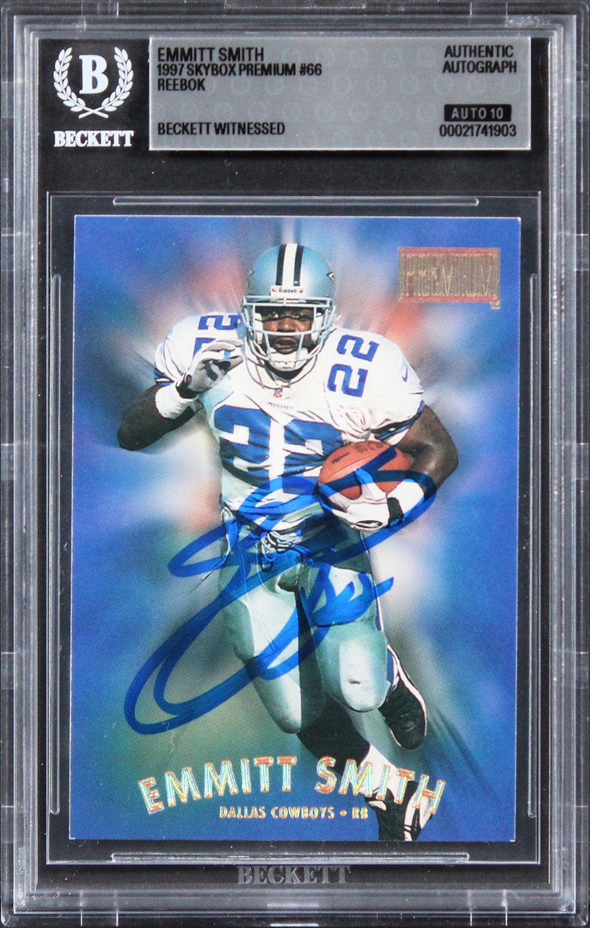 Cowboys Emmitt Smith Signed 1997 Skybox Premium #66 Card Auto 10! BAS Slabbed