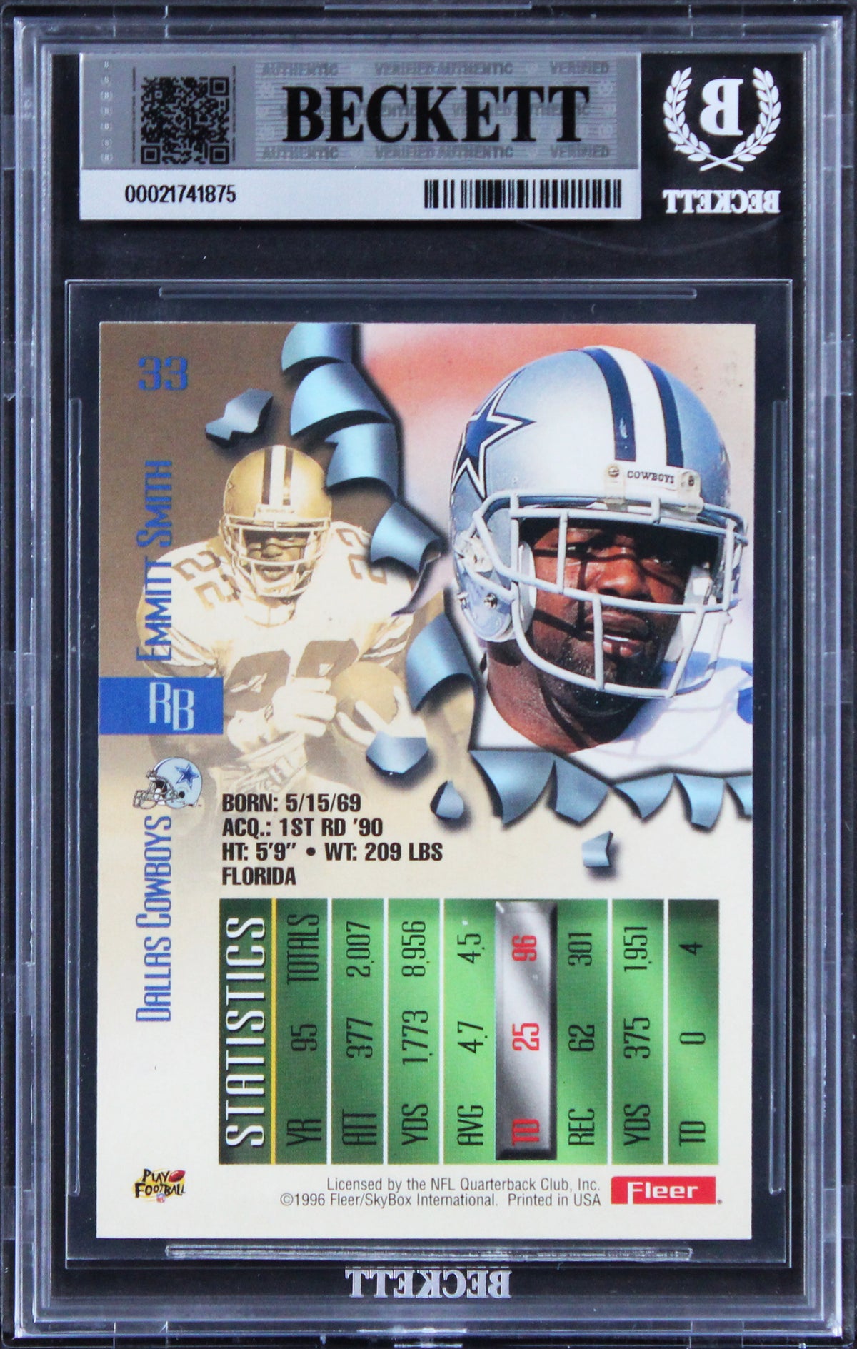 Cowboys Emmitt Smith Signed 1996 Metal #33 Card Auto Grade Mint 10! BAS Slabbed