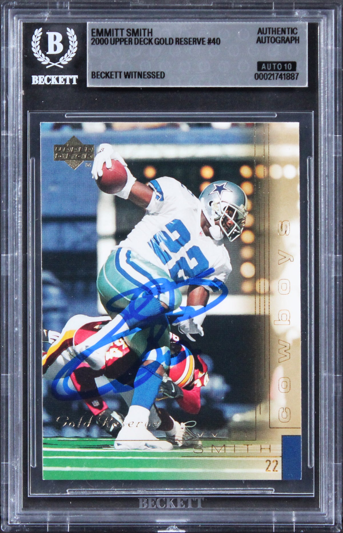 Emmitt Smith Signed 2000 Upper Deck Gold Reserve #40 Card Auto 10! BAS Slabbed