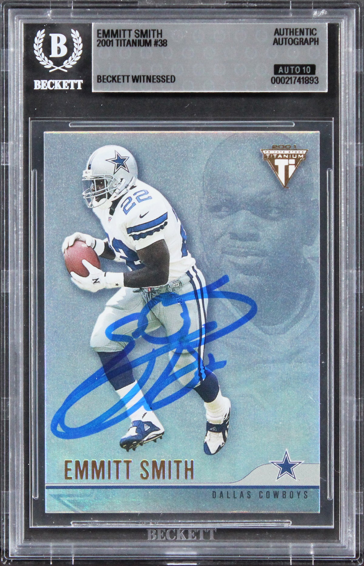 Cowboys Emmitt Smith Signed 2001 Titanium #38 Card Auto Grade 10! BAS Slabbed