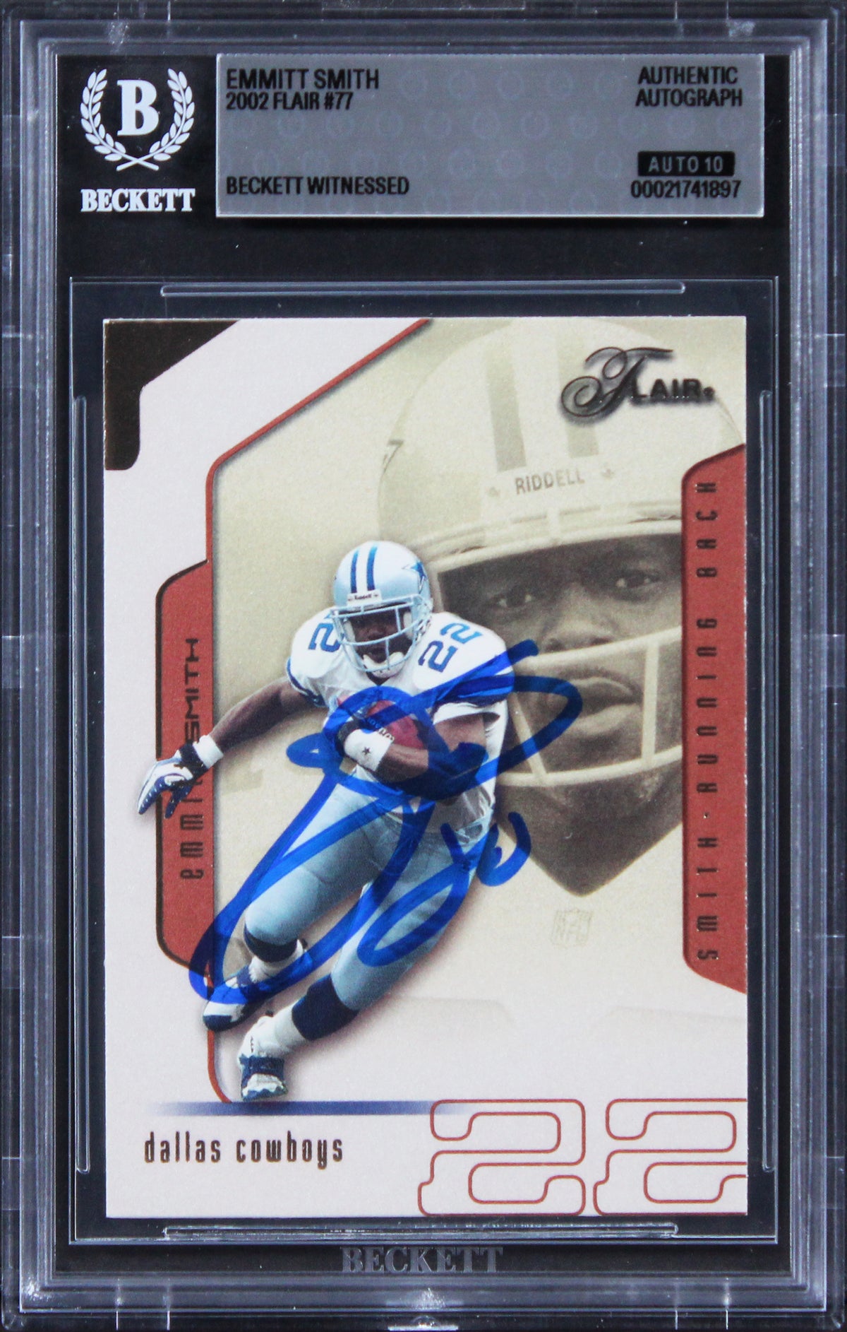 Cowboys Emmitt Smith Signed 2002 Flair #77 Card Auto Gem Mint 10! BAS Slabbed