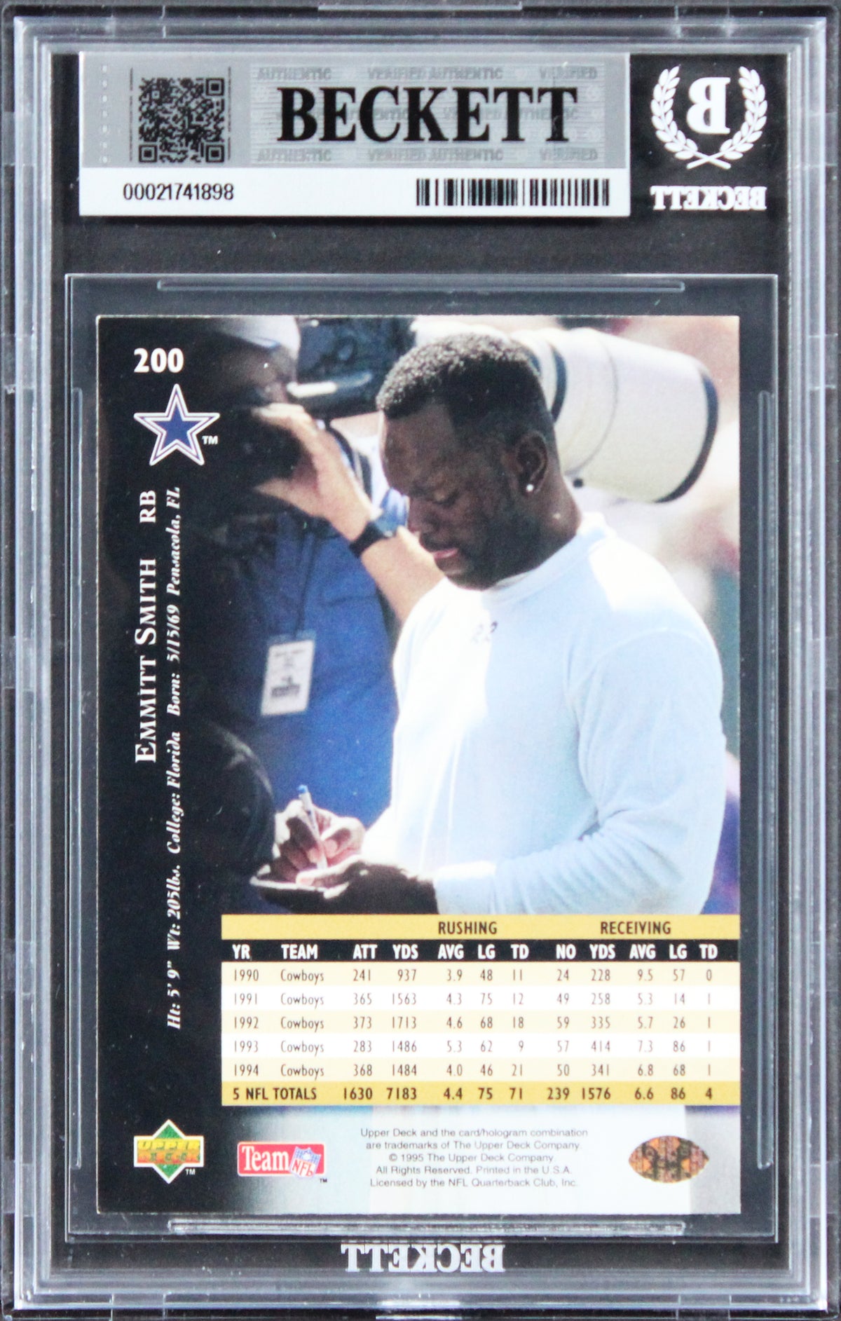 Cowboys Emmitt Smith Signed 1995 Upper Deck #200 Card Auto Grade 10! BAS Slabbed