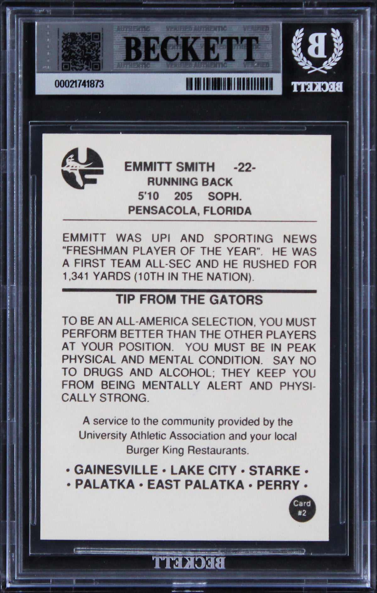 Emmitt Smith Signed 1988 Florida Gators Burger King #2 Card Auto 10! BAS Slabbed