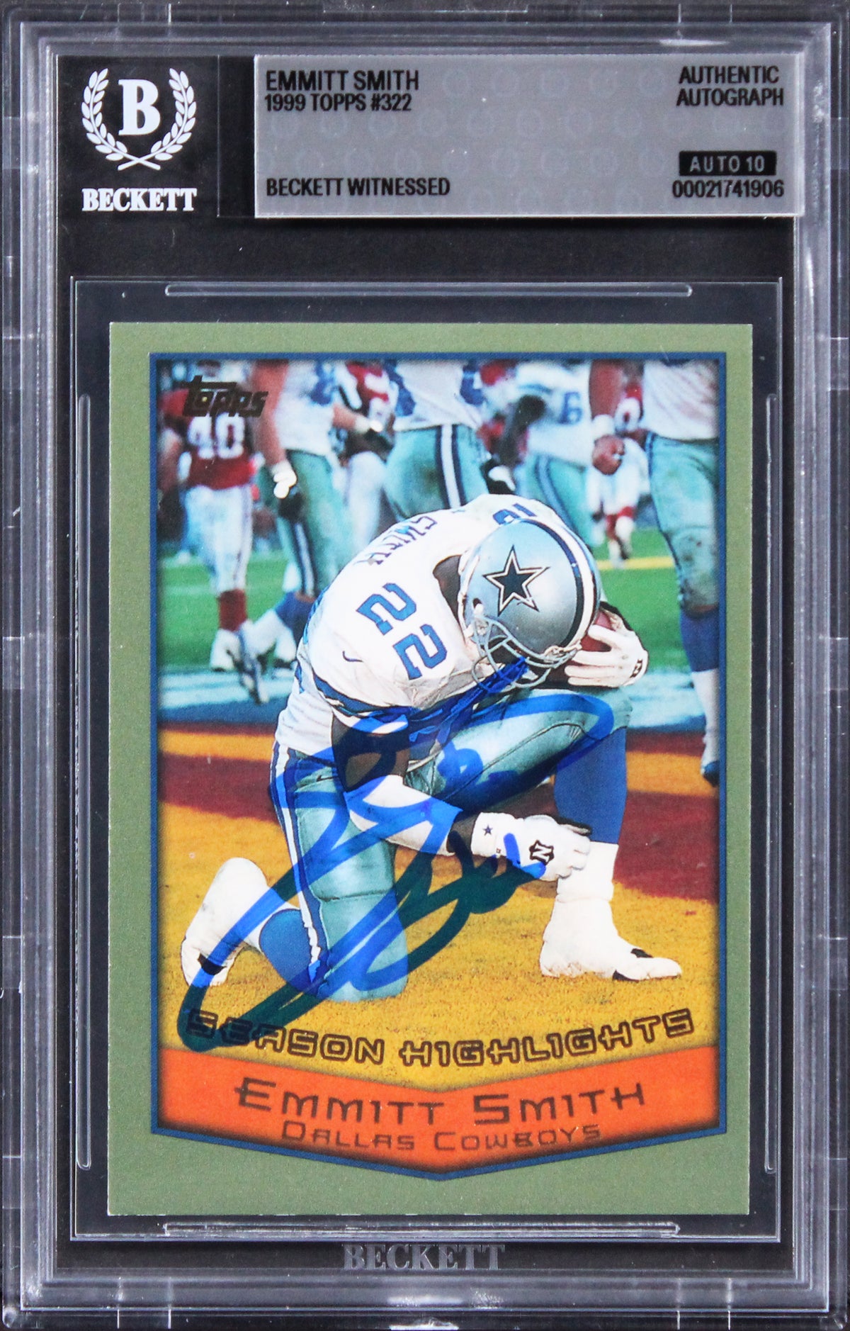 Cowboys Emmitt Smith Signed 1999 Topps #322 Card Auto Gem Mint 10! BAS Slabbed