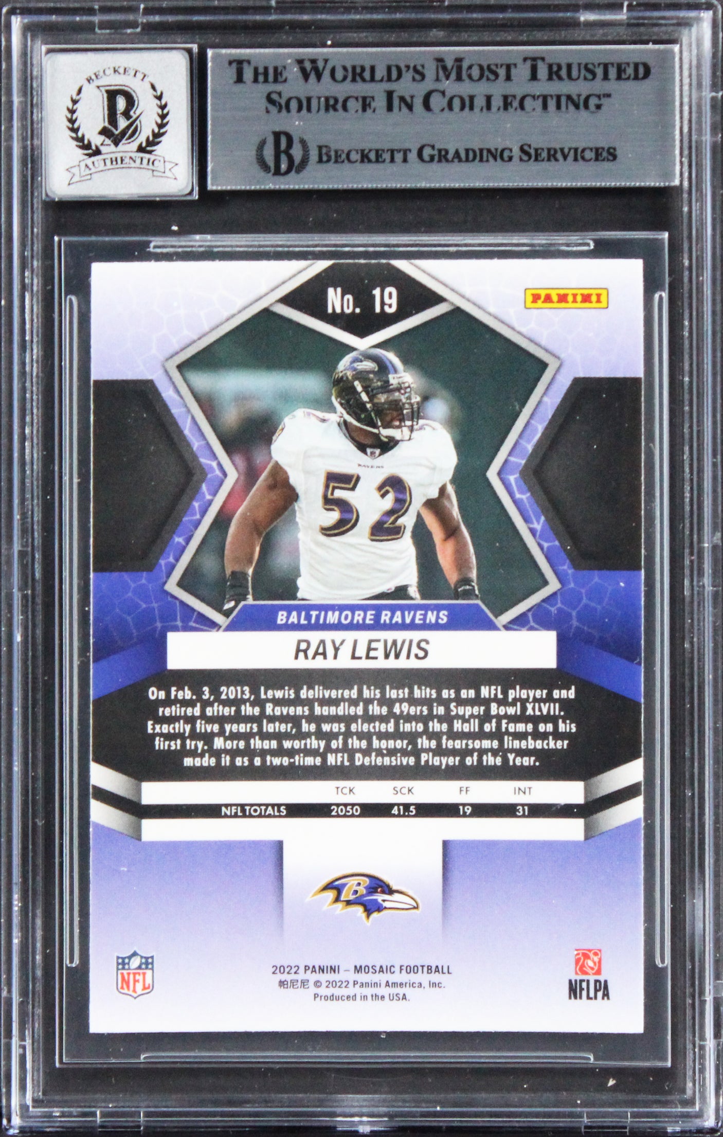 Ravens Ray Lewis Signed 2022 Panini Mosaic #19 Card Auto Graded 10! BAS Slabbed