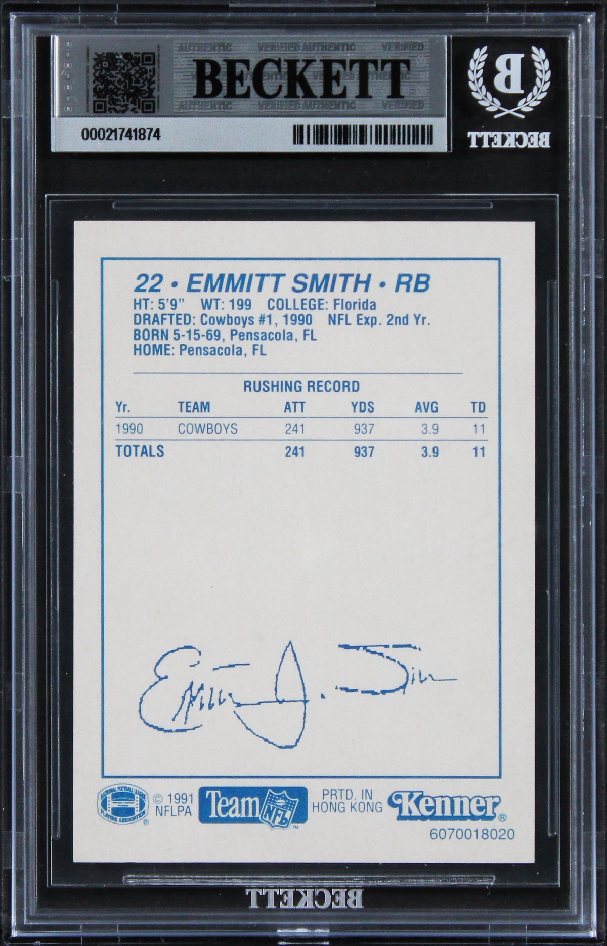 Emmitt Smith Signed 1991 Kenner Starting Lineup #24 Card Auto GM 10! BAS Slabbed
