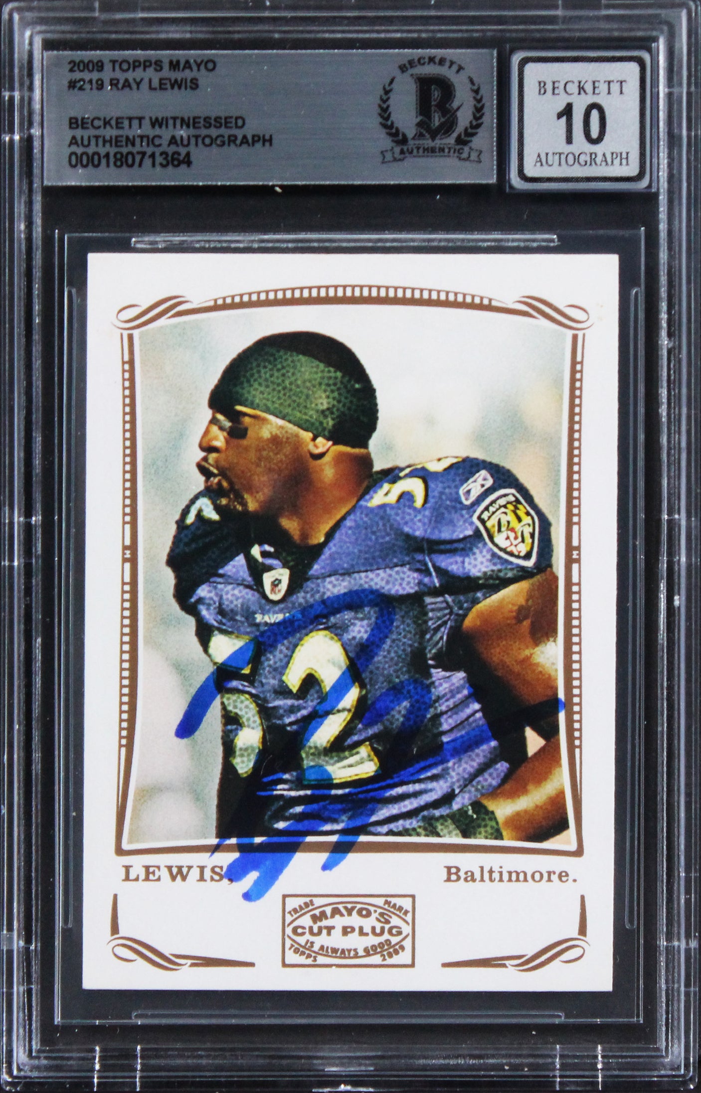 Ravens Ray Lewis Signed 2009 Topps Mayo #219 Card Auto Graded GM 10! BAS Slabbed