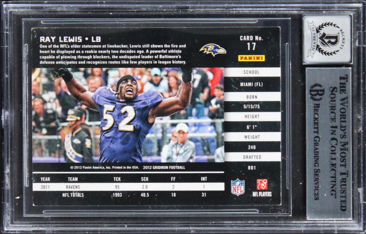 Ravens Ray Lewis Signed 2012 Gridiron #17 Card Auto Graded Mint 10! BAS Slabbed