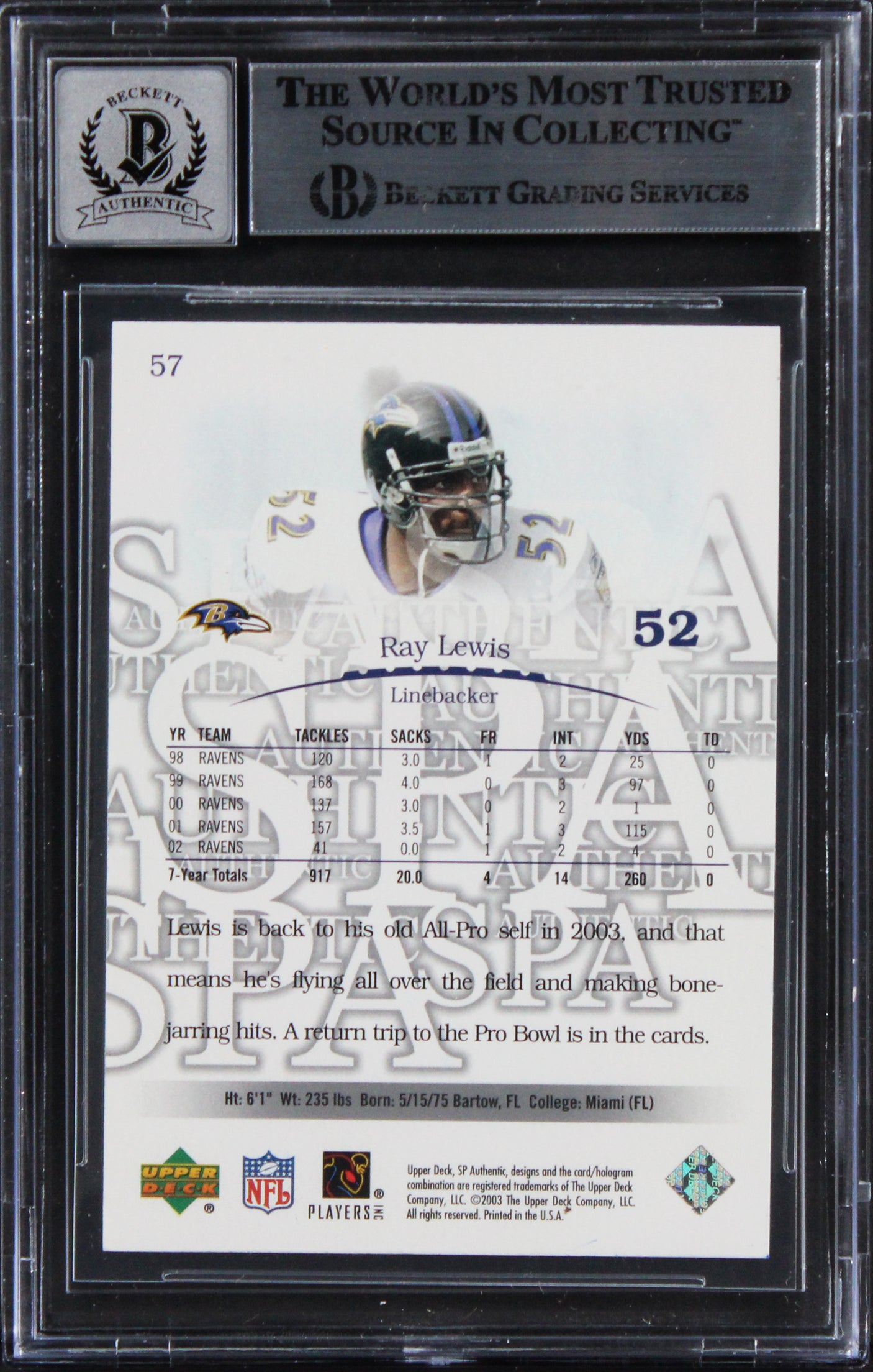 Ravens Ray Lewis Signed 2003 SP Authentic #57 Card Auto Graded 10! BAS Slabbed