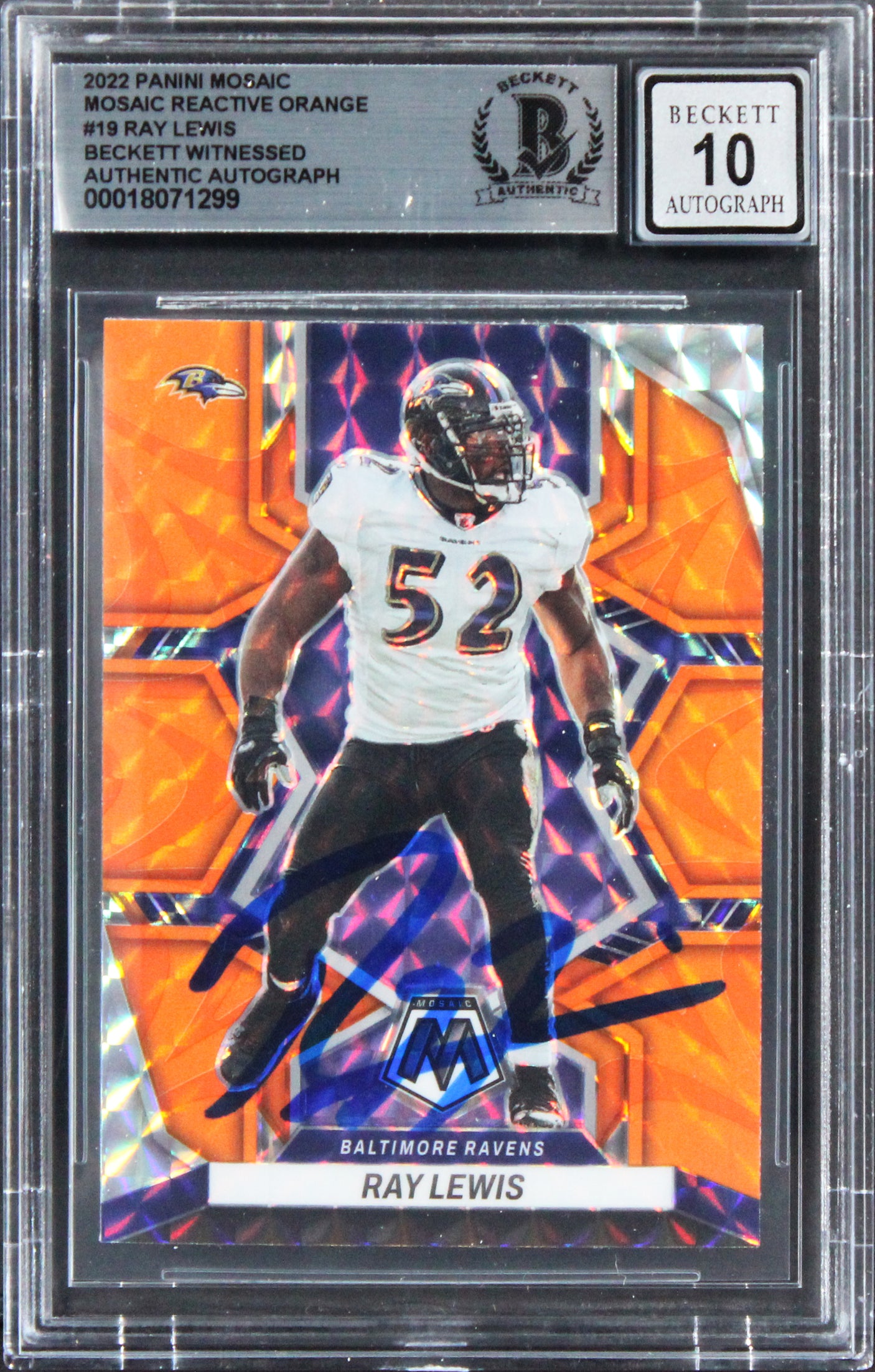 Ray Lewis Signed 2022 Panini Mosaic Reactive Orange #19 Card Auto 10! BAS Slab