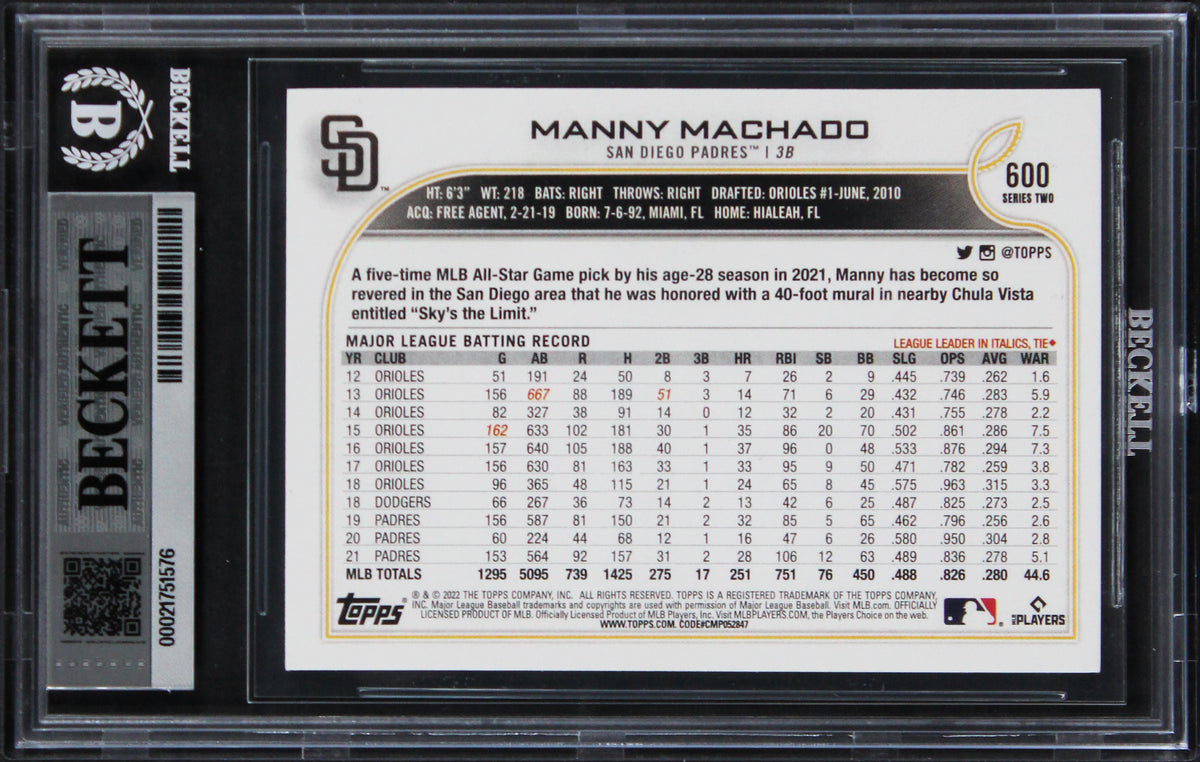Padres Manny Machado Authentic 2022 Topps #600 Card Autographed BAS Slabbed