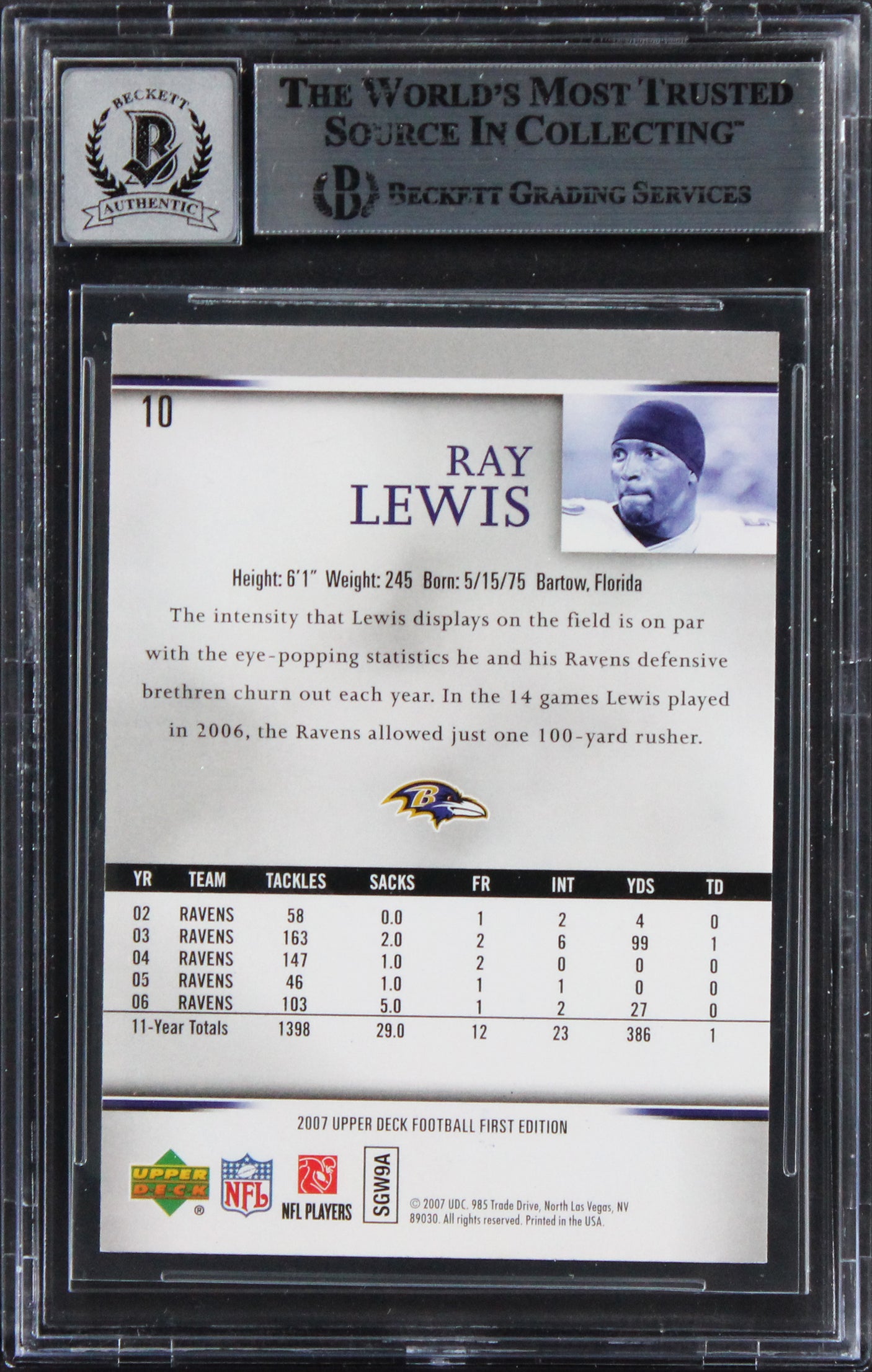 Ravens Ray Lewis Signed 2007 UD First Edition #10 Card Auto Mint 10! BAS Slabbed