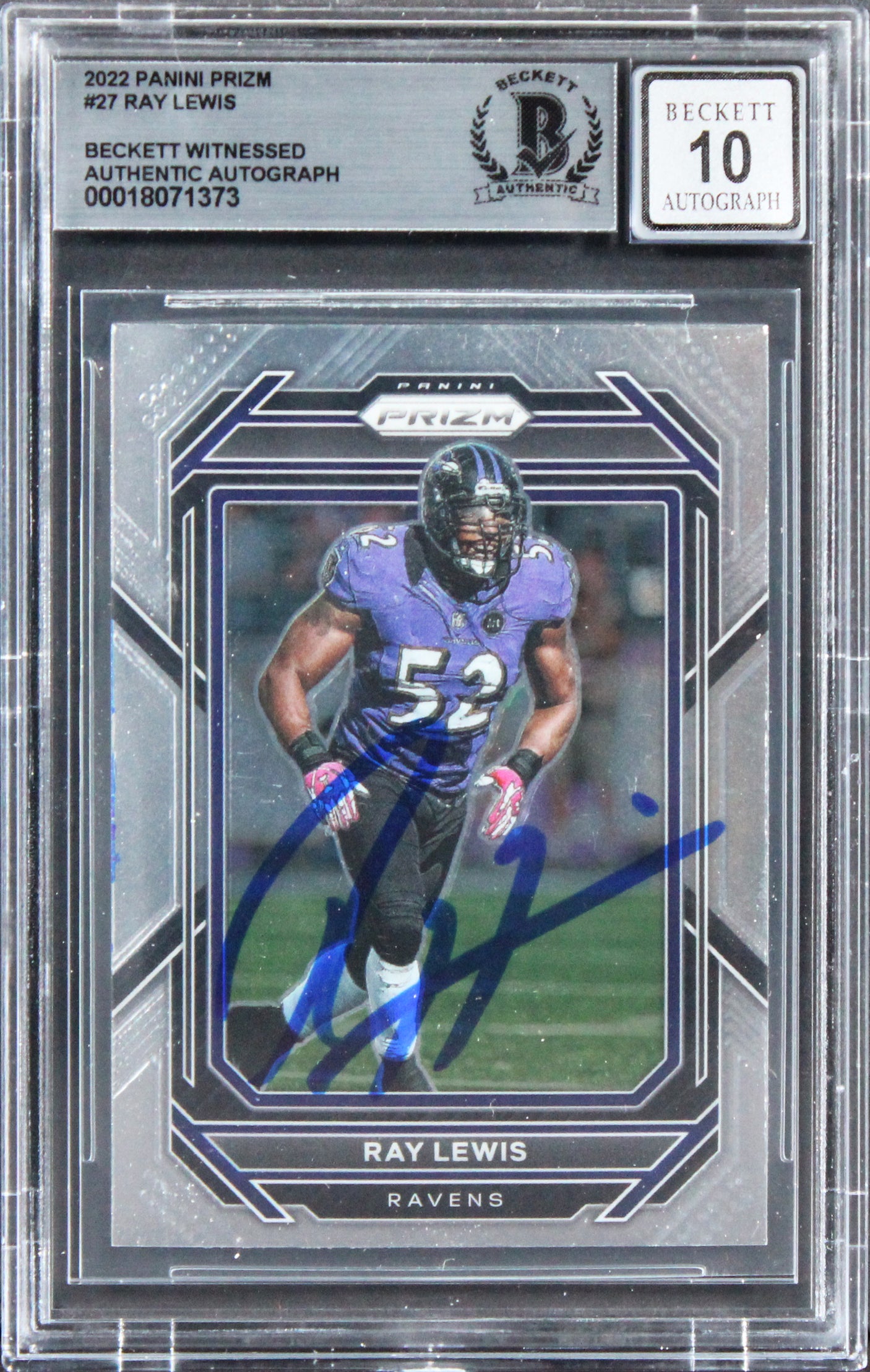 Ravens Ray Lewis Signed 2022 Panini Prizm #27 Card Auto Graded 10! BAS Slabbed