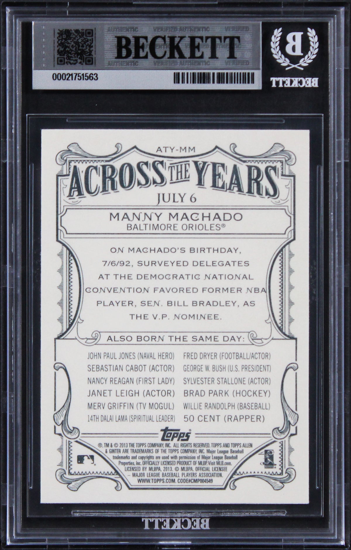 Orioles Manny Machado Signed 2013 Topps Allen & Ginter ATY #MM Card BAS Slabbed