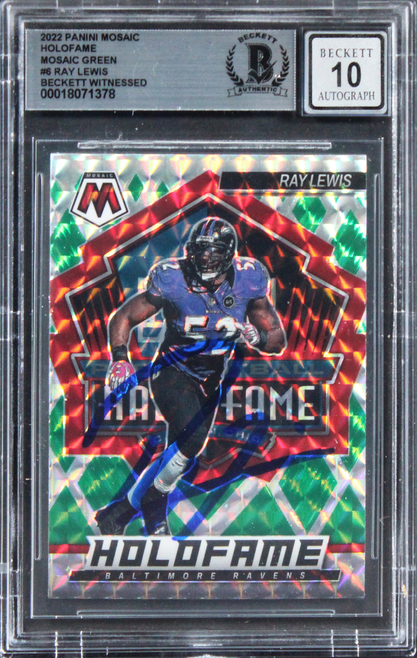Ray Lewis Signed 2022 Panini Mosaic Holofame Green #6 Card Auto 10! BAS Slabbed