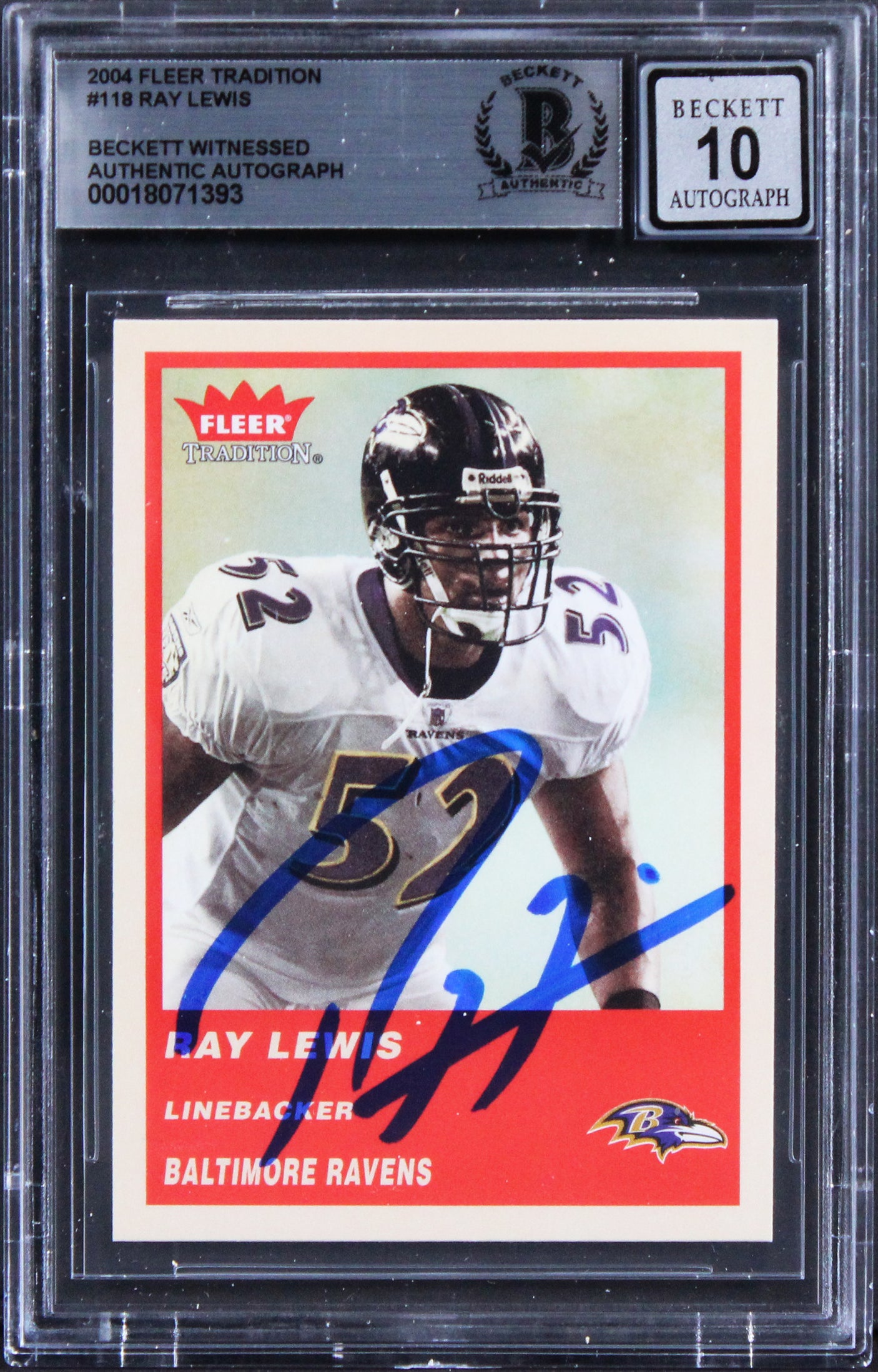 Ravens Ray Lewis Signed 2004 Fleer Tradition #118 Card Auto Mint 10! BAS Slabbed
