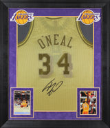 Lakers Shaquille O'Neal Signed Gold 96-97 M&N HWC Swingman Framed Jersey BAS Wit