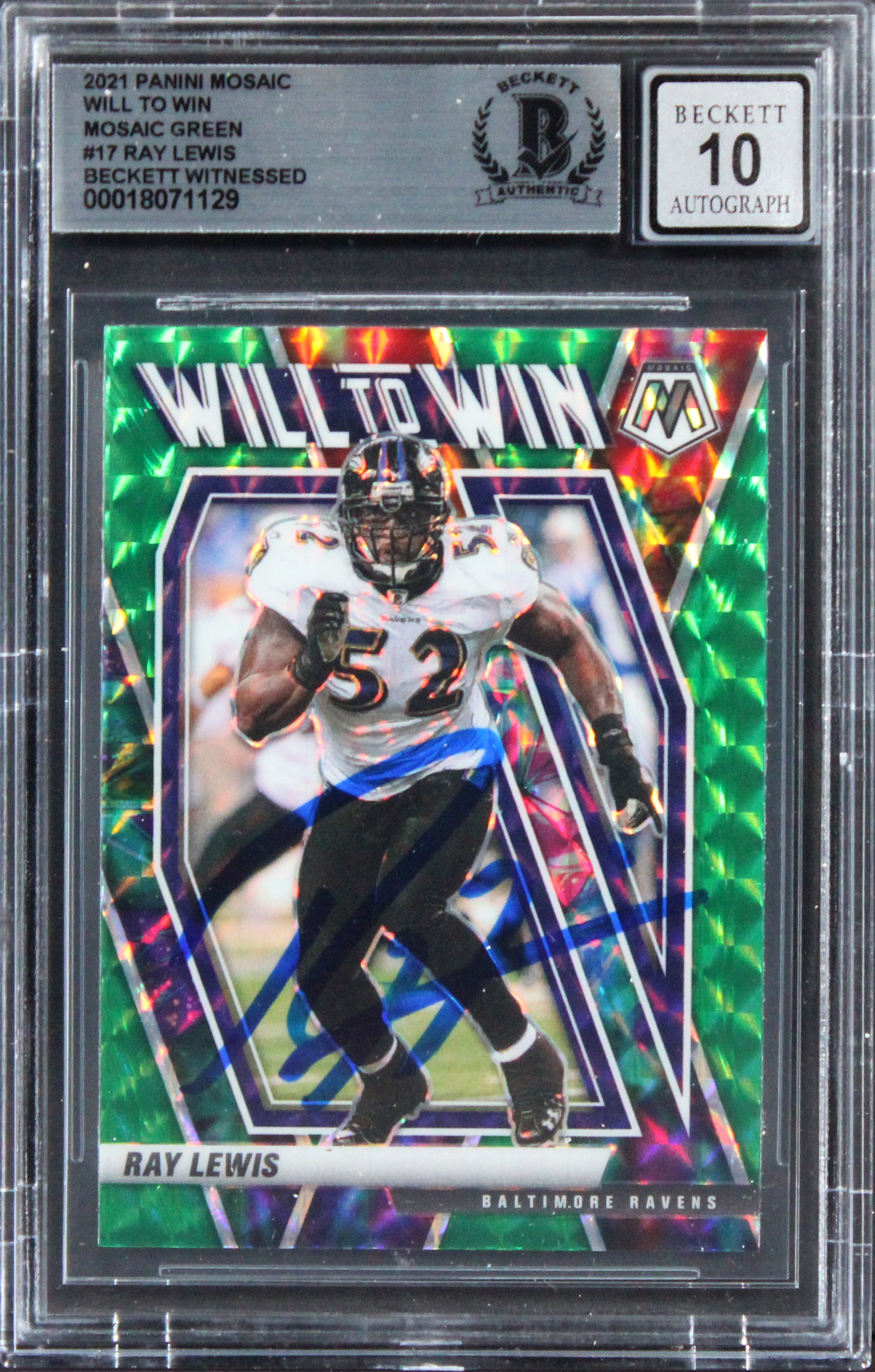 Ray Lewis Signed 2021 Panini Mosaic Will To Win #17 Card Auto GM 10! BAS Slabbed