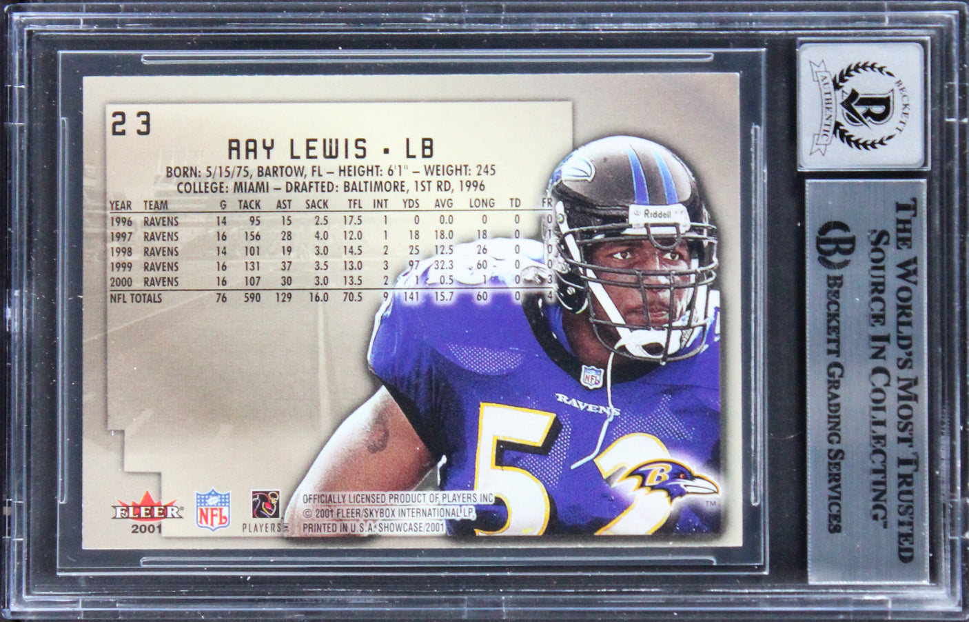 Ravens Ray Lewis Signed 2001 Fleer Showcase #23 Card Auto Graded 10! BAS Slabbed