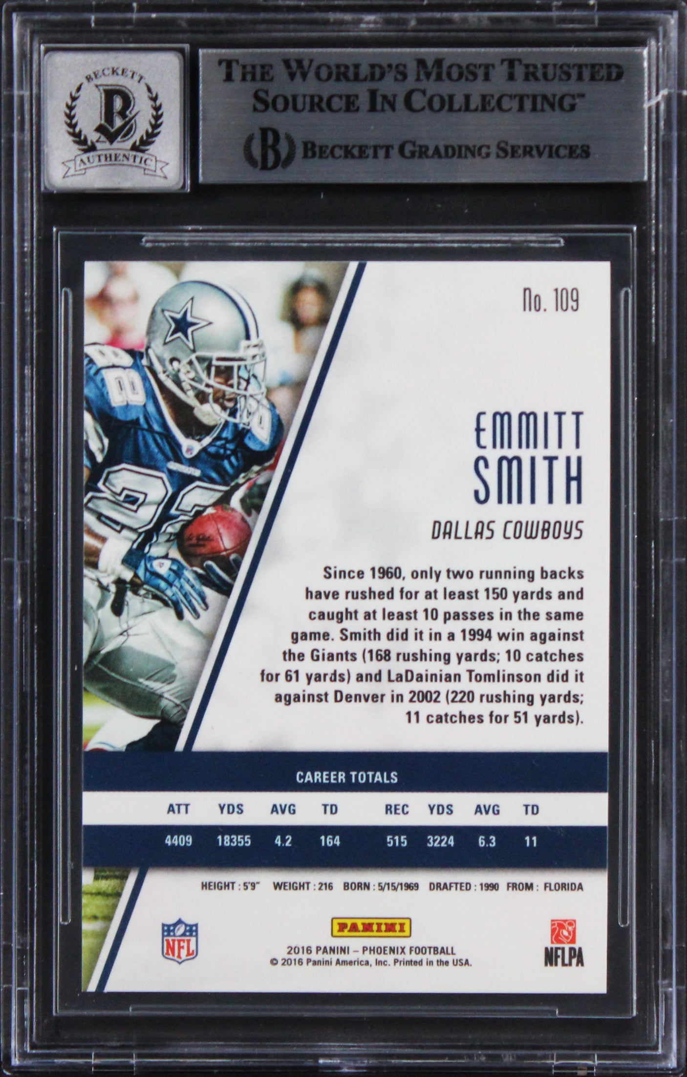 Cowboys Emmitt Smith Signed 2016 Panini Phoenix #109 Card Auto 10! BAS Slabbed