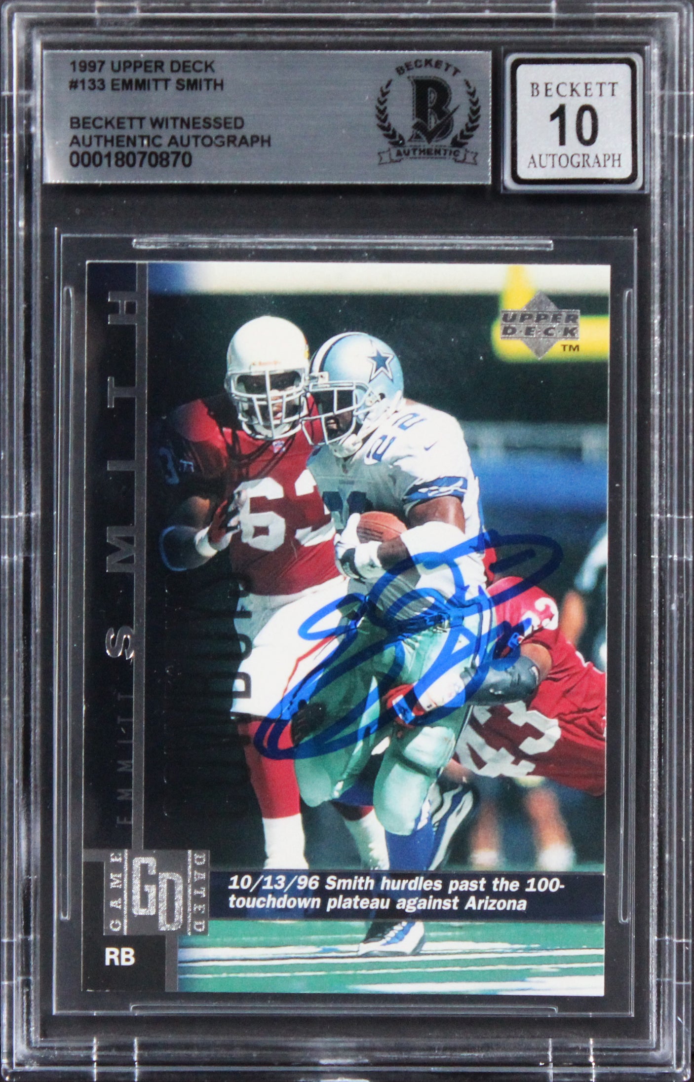 Cowboys Emmitt Smith Signed 1997 Upper Deck #133 Card Auto Grade 10! BAS Slabbed
