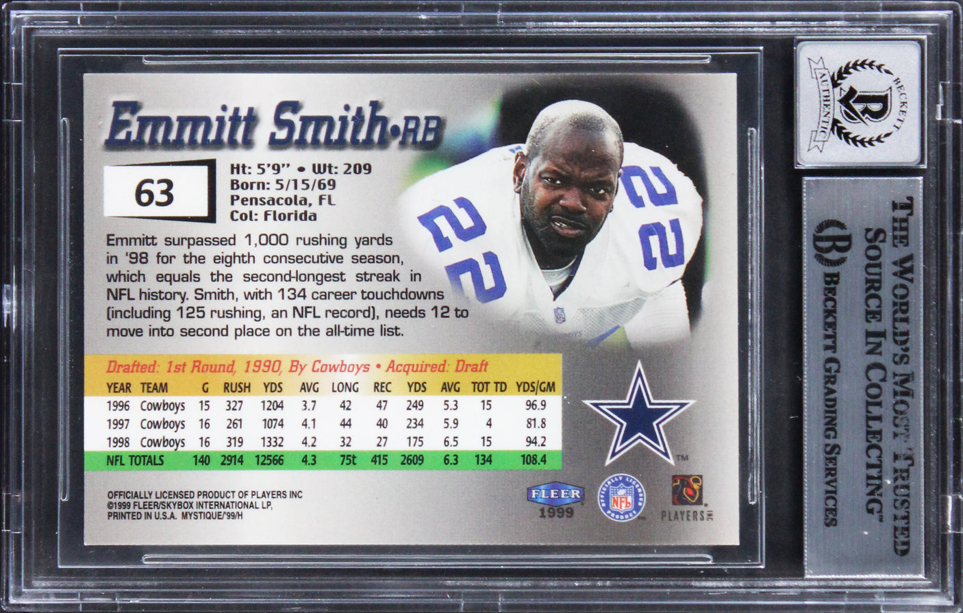 Cowboys Emmitt Smith Signed 1999 Fleer Mystique #63 Card Auto 10! BAS Slabbed