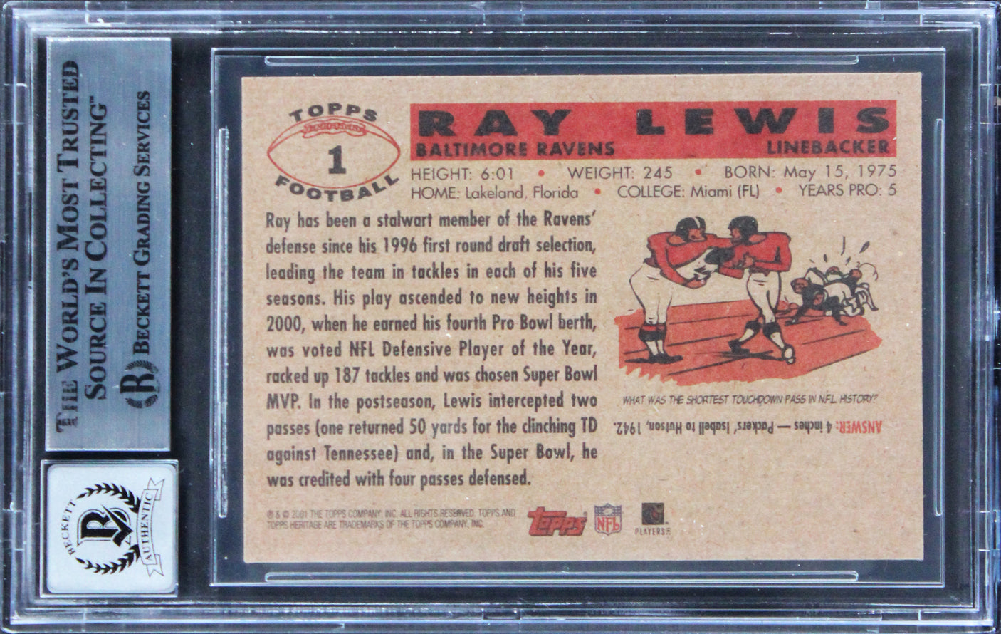 Ravens Ray Lewis Signed 2001 Topps Heritage #1 Card Auto Graded 10! BAS Slabbed