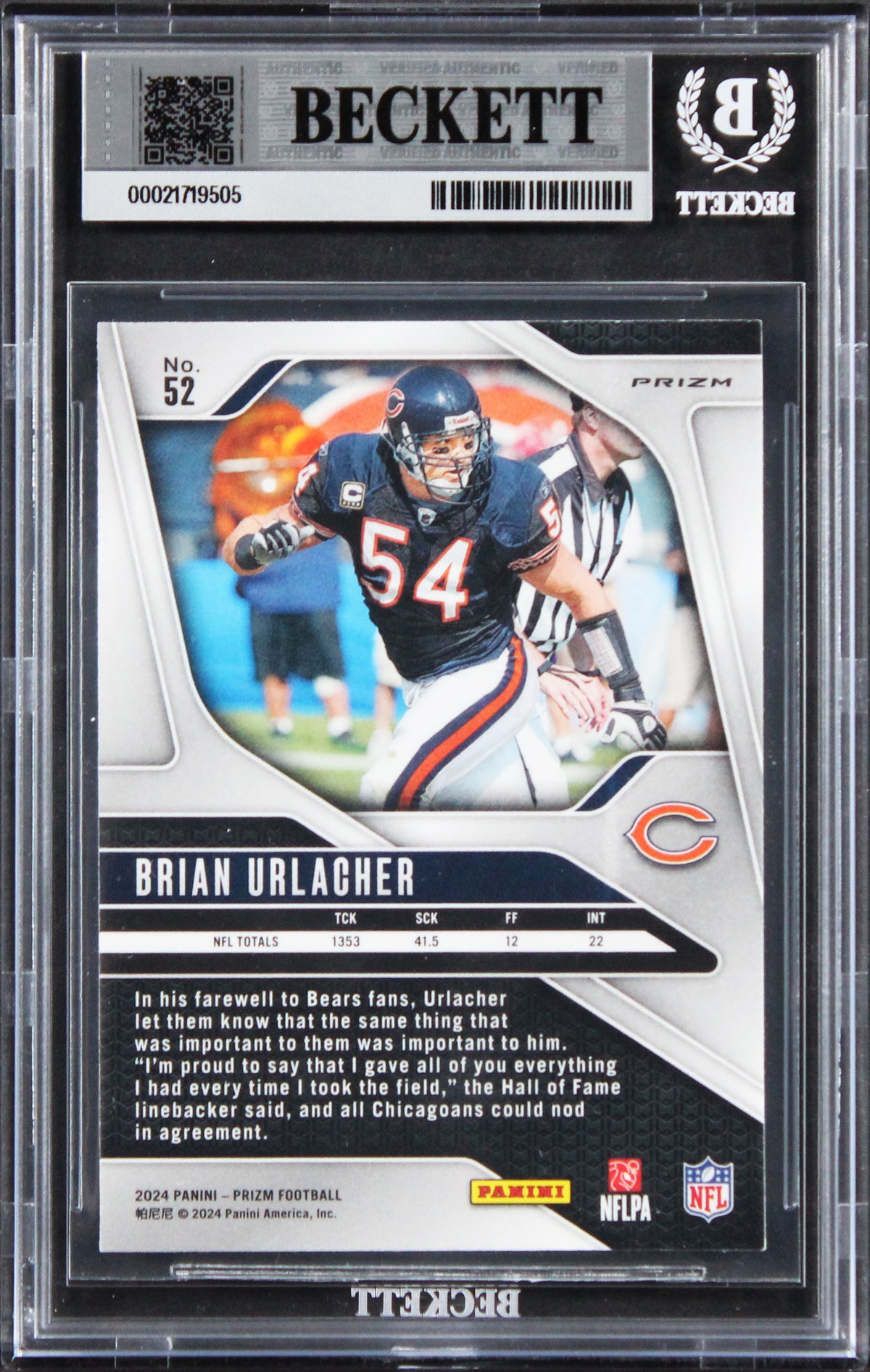 Bears Brian Urlacher Signed 2024 Panini Prizm Pink #52 Card Auto 10! BAS Slabbed