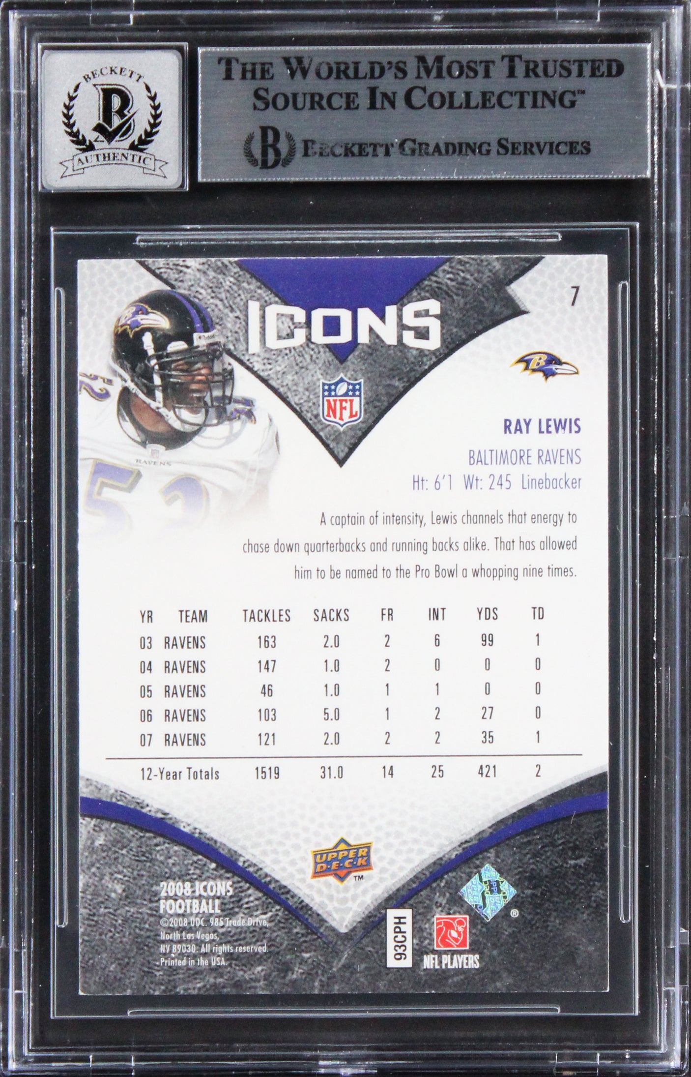 Ravens Ray Lewis Signed 2008 Upper Deck Icons #7 Card Auto Mint 10! BAS Slabbed