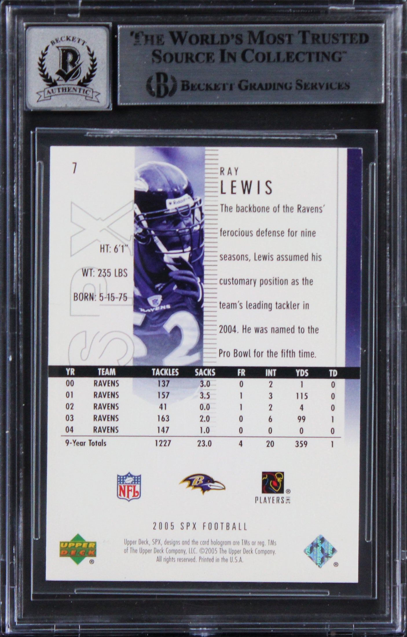 Ravens Ray Lewis Signed 2005 SPX #7 Card Auto Graded Gem Mint 10! BAS Slabbed