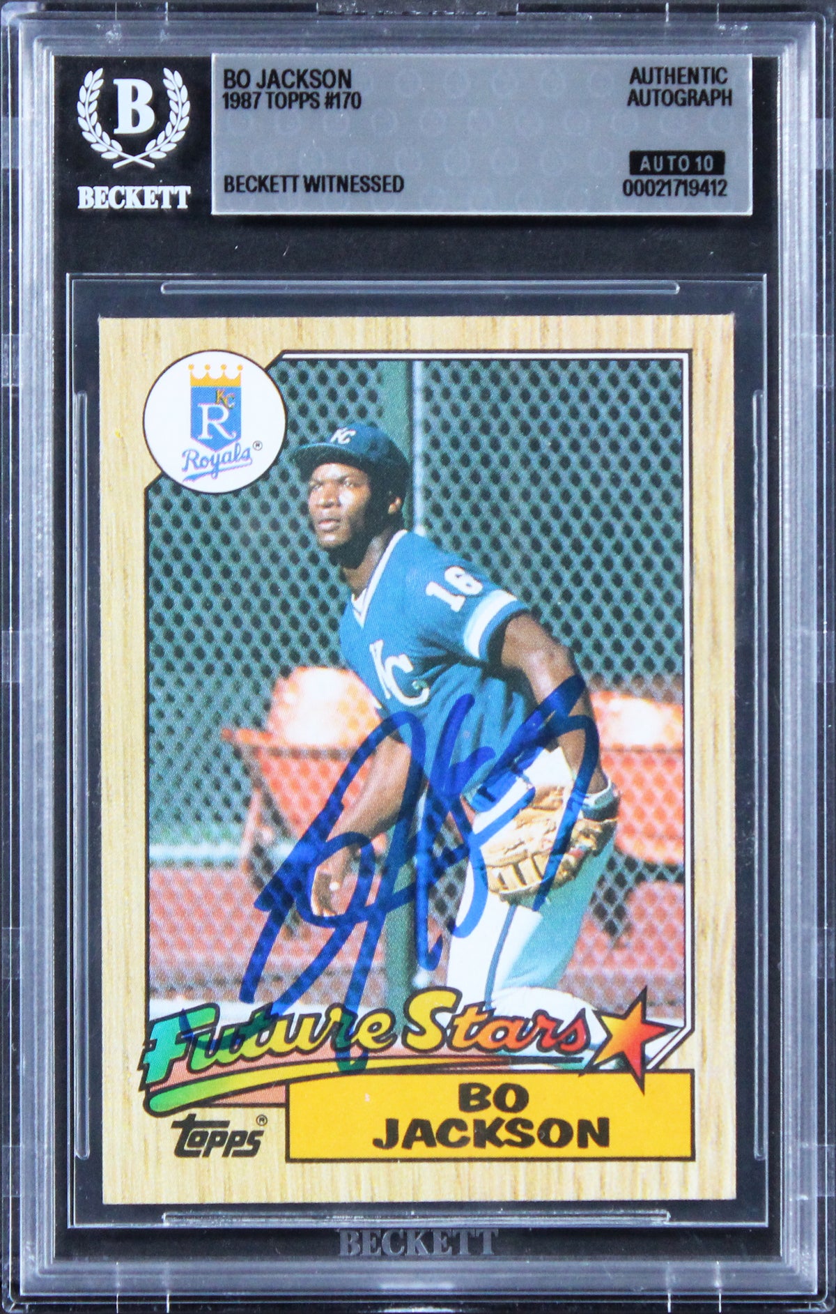 Royals Bo Jackson Signed 1987 Topps #170 Rookie Card Auto Grade 10! BAS Slabbed