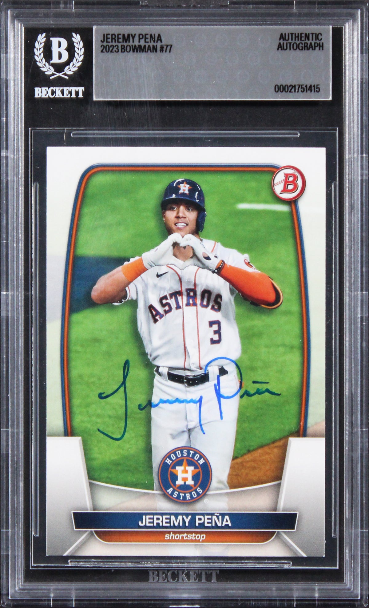 Astros Jeremy Pena Authentic Signed 2023 Bowman #77 Card Autographed BAS Slabbed