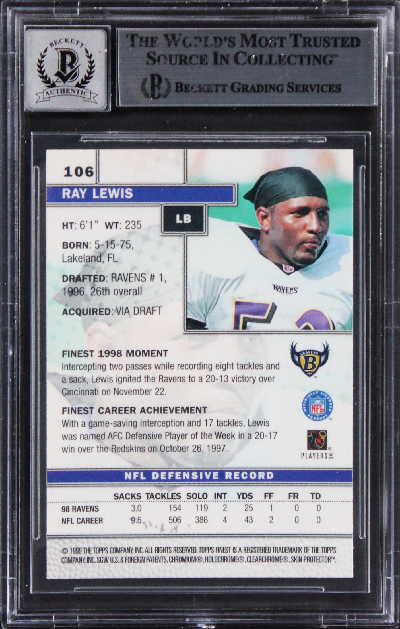 Ravens Ray Lewis Signed 1999 Finest #106 Card Auto Graded Mint 10! BAS Slabbed