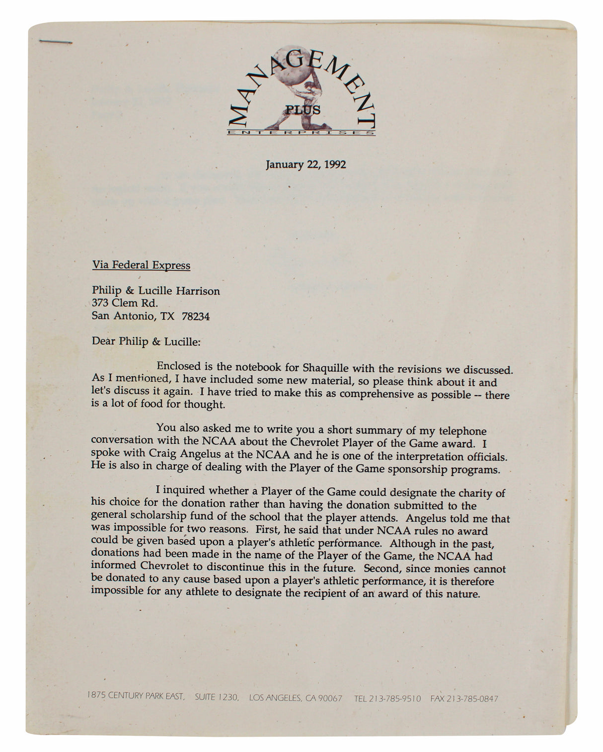 Shaquille O'Neal Authentic 1988 Agency Recruitment Presentation Binder Letter