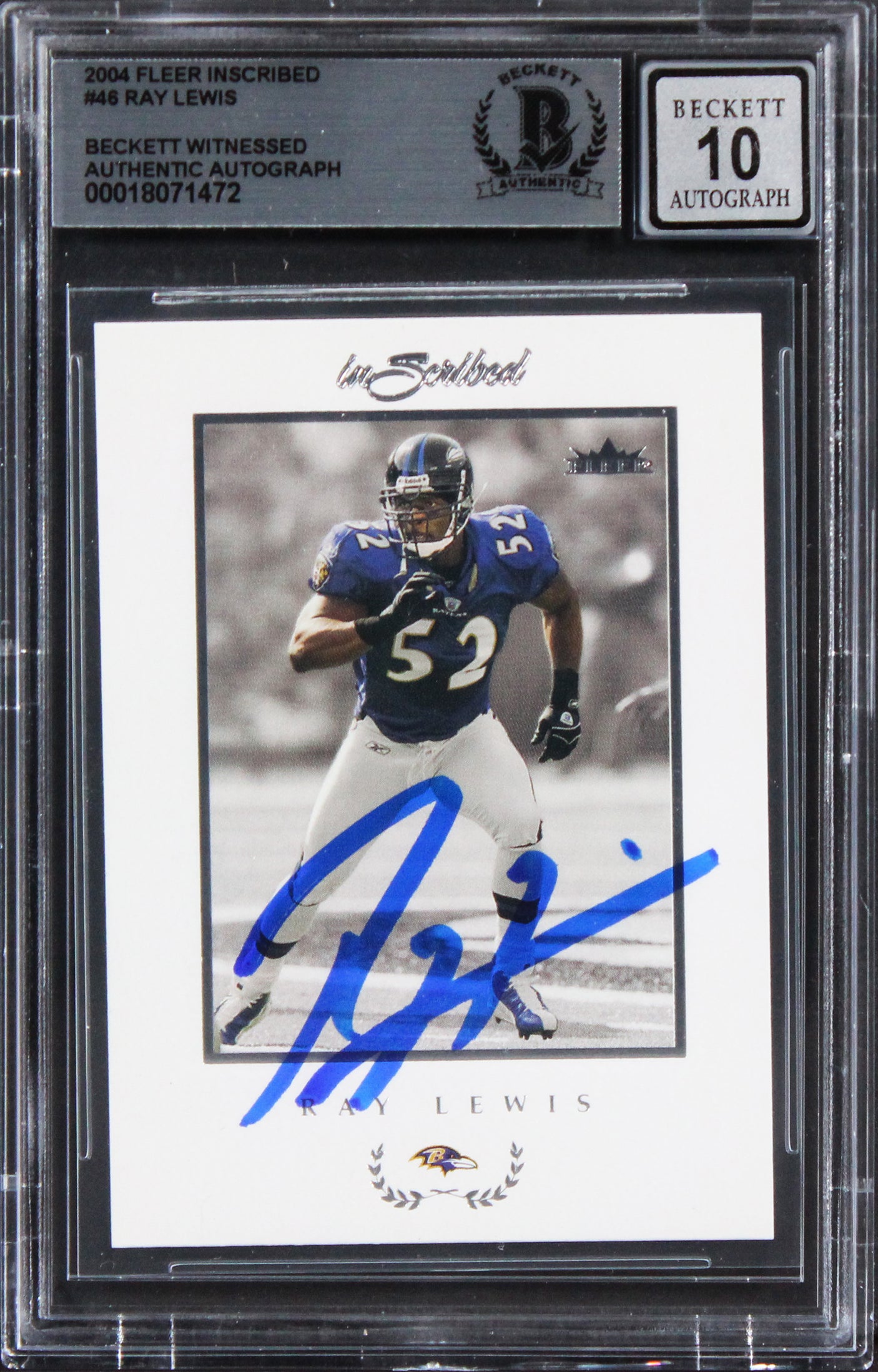 Ravens Ray Lewis Signed 2004 Fleer Inscribed #46 Card Auto Grade 10! BAS Slabbed