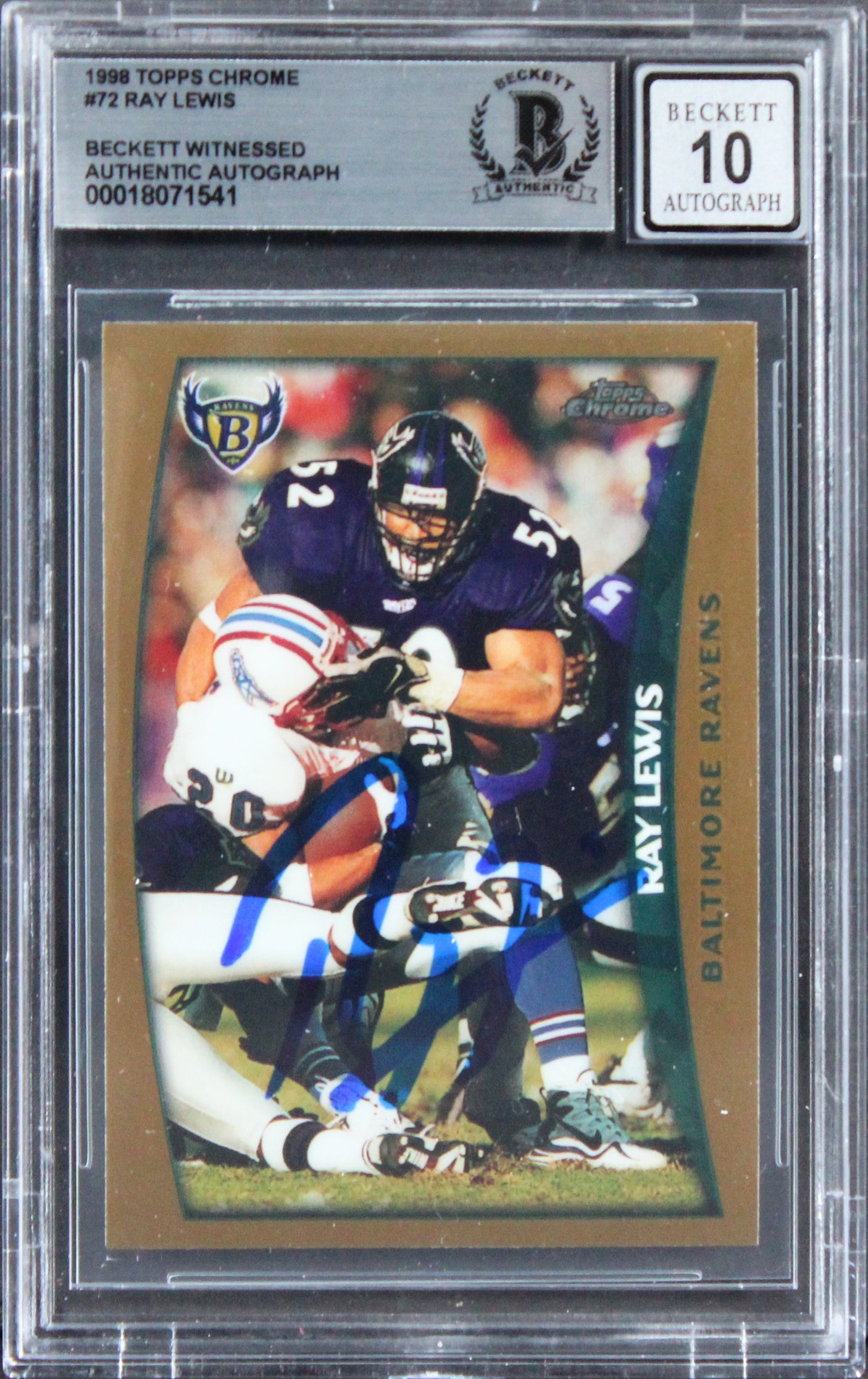 Ravens Ray Lewis Signed 1998 Topps Chrome #72 Card Auto Graded 10! BAS Slabbed