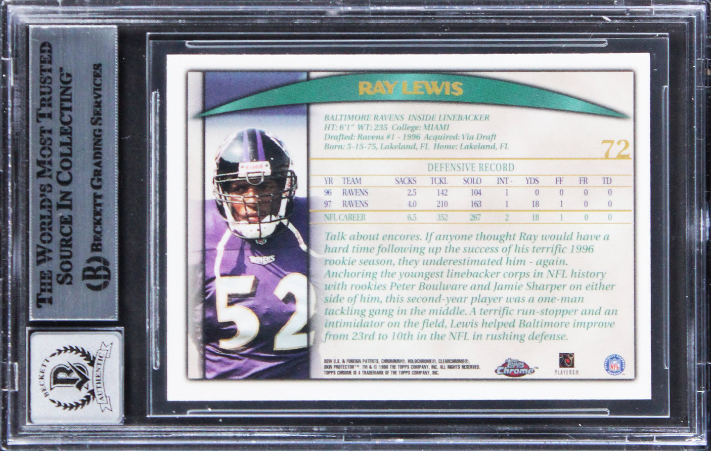 Ravens Ray Lewis Signed 1998 Topps Chrome #72 Card Auto Graded 10! BAS Slabbed